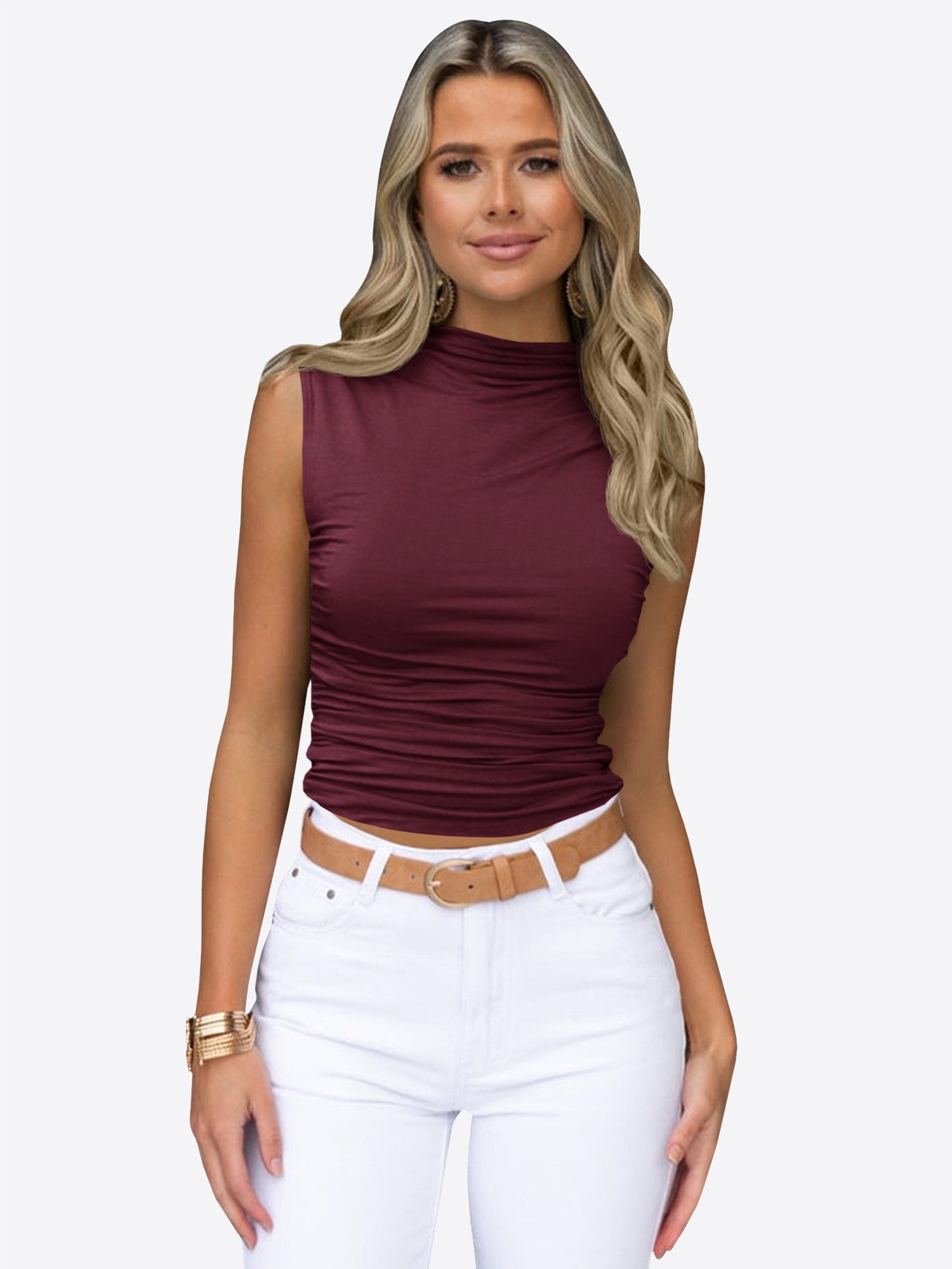 Imily Bela Tanktop Damen ärmellos hoher drapiert Ausschnitt Mock Neck Slim Fit Cropped (Packung, 1-tlg., 1per-Pack) in Unifarbe