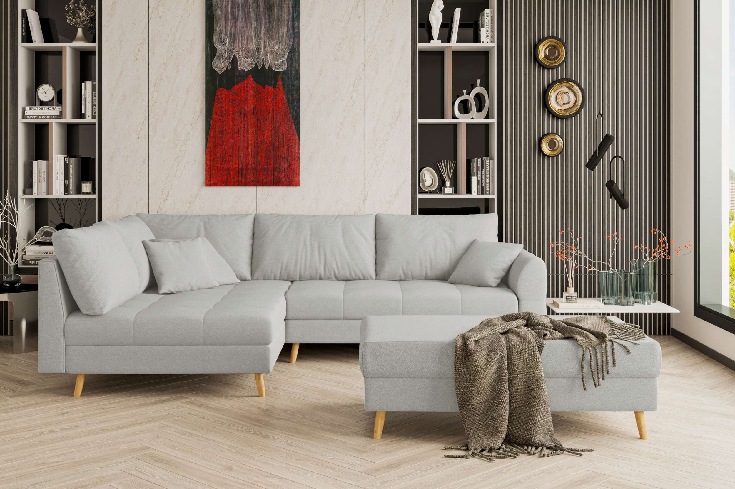 99rooms Ecksofa Bello, Sofa L-Form mit Hocker, links oder rechts bestellbar, mit Hocker, Rückenkissen, Holzfüße