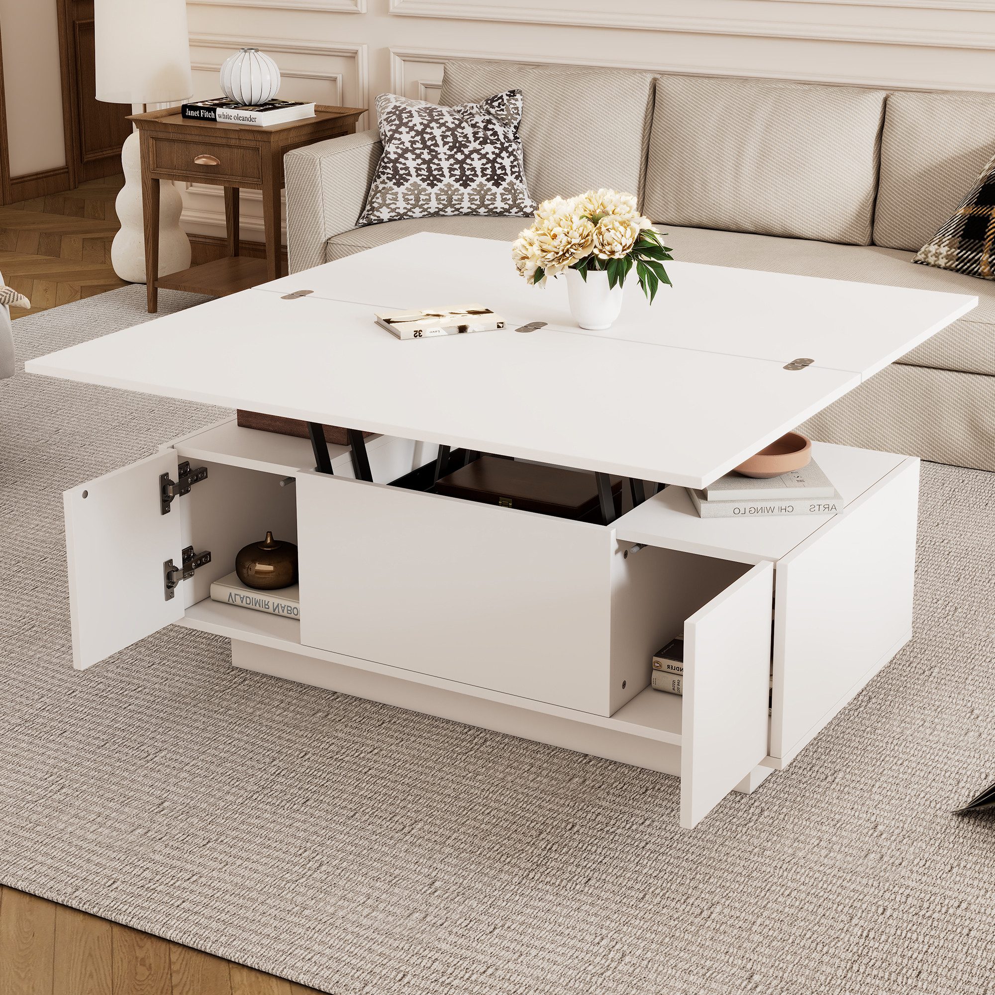 Merax Couchtisch Höhenverstellbarer Kaffeetisch mit Verstecktem Stauraum und Ablage (1-St., 100x50x43cm), Ausziehbarer Wohnzimmertisch Sofatisch für Wohnzimmer – Bild 2 von 5