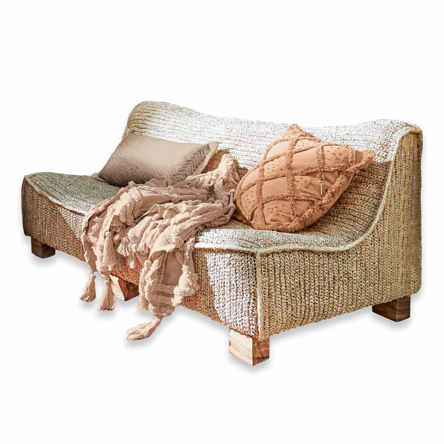 Sofa Boho Gartensofa Bocage aus Palmenblattgeflecht & Teakholz braun