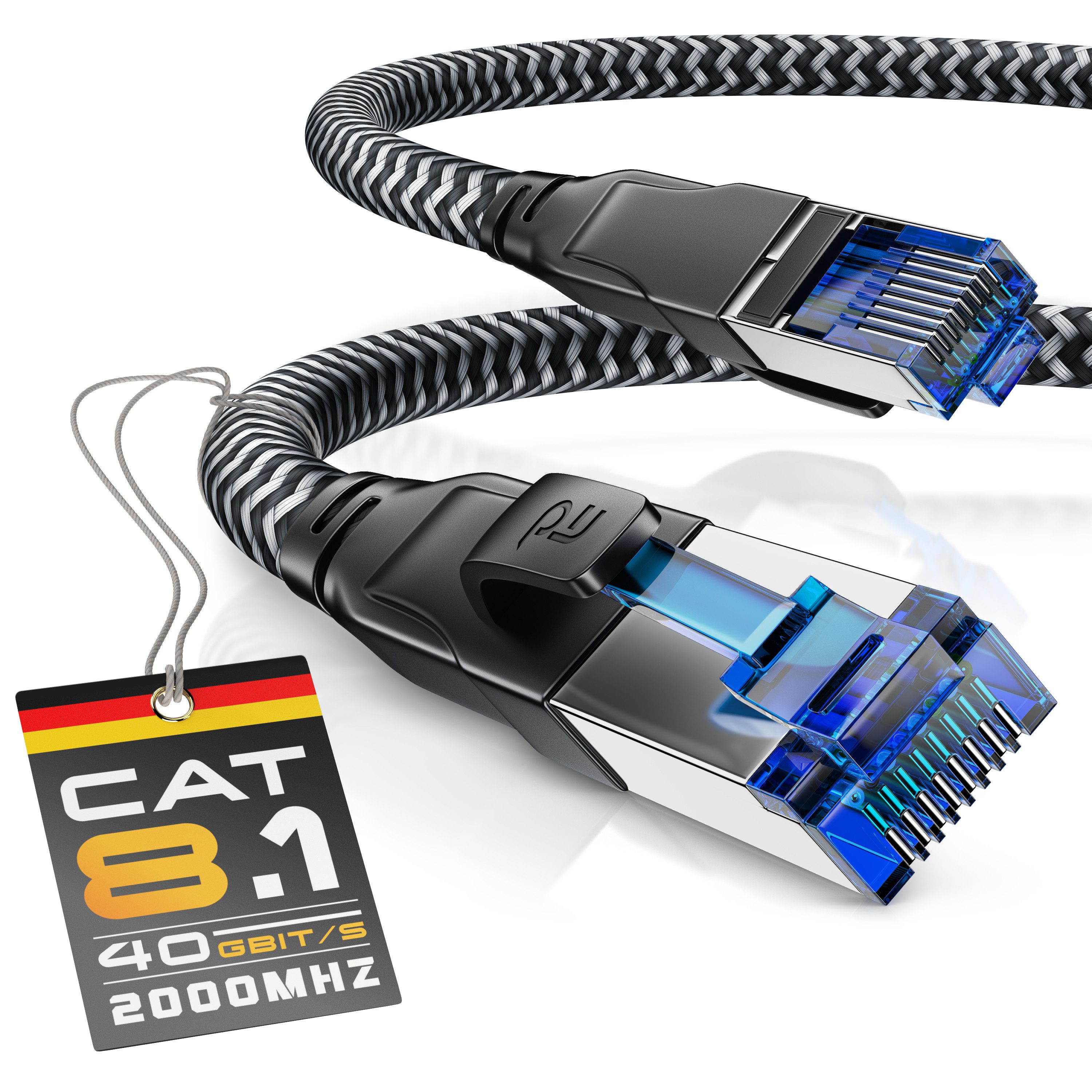 Primewire Patchkabel CAT 8, Baumwollummantelung, Netzwerkkabel 40 Gbit/s - 0,25m LAN-Kabel, RJ-45 (Ethernet), RJ-45 (Ethernet) (25 cm), für Router, Modem, Switch, PC, ideal für Gaming, Streaming, Homeoffice von Primewire
