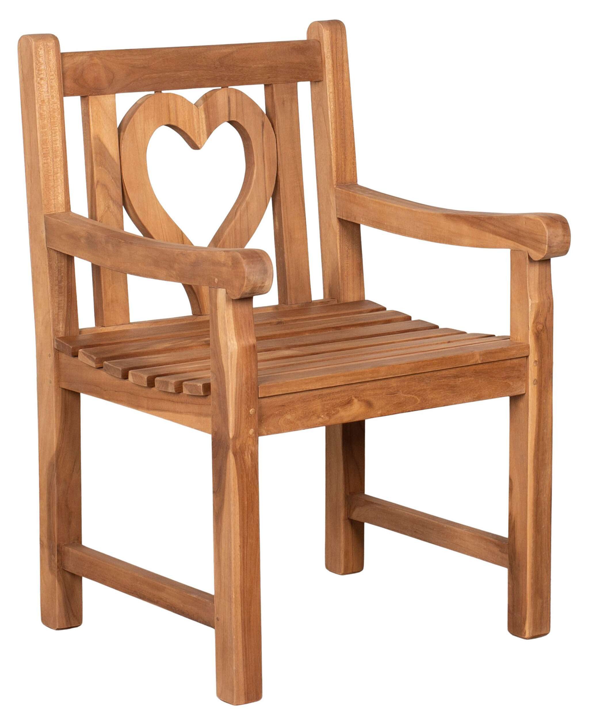 MR.DEKO Gartenstuhl Herz Gartensessel Teak-Holz, stabil und mit viel Liebe, Balkonstuhl (Garten und Ballkon Stuhl aus Teakholz, 1 St), Herz-Motiv in der Rückenlehne, wetterfest & stabil