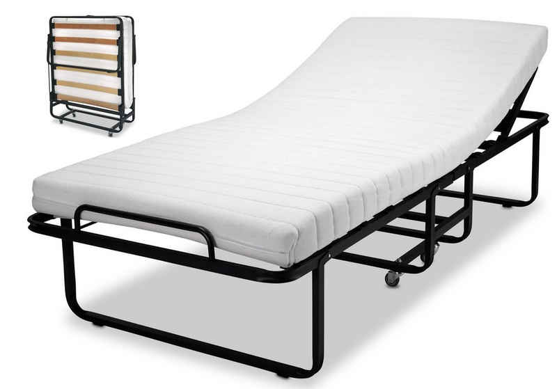 BedBox Gästebett Gästebett mit verstellbarem Kopfteil 90x200 cm hochwertiges Vierkantmetallgestell, verstellbares Kopfteil, incl Husse