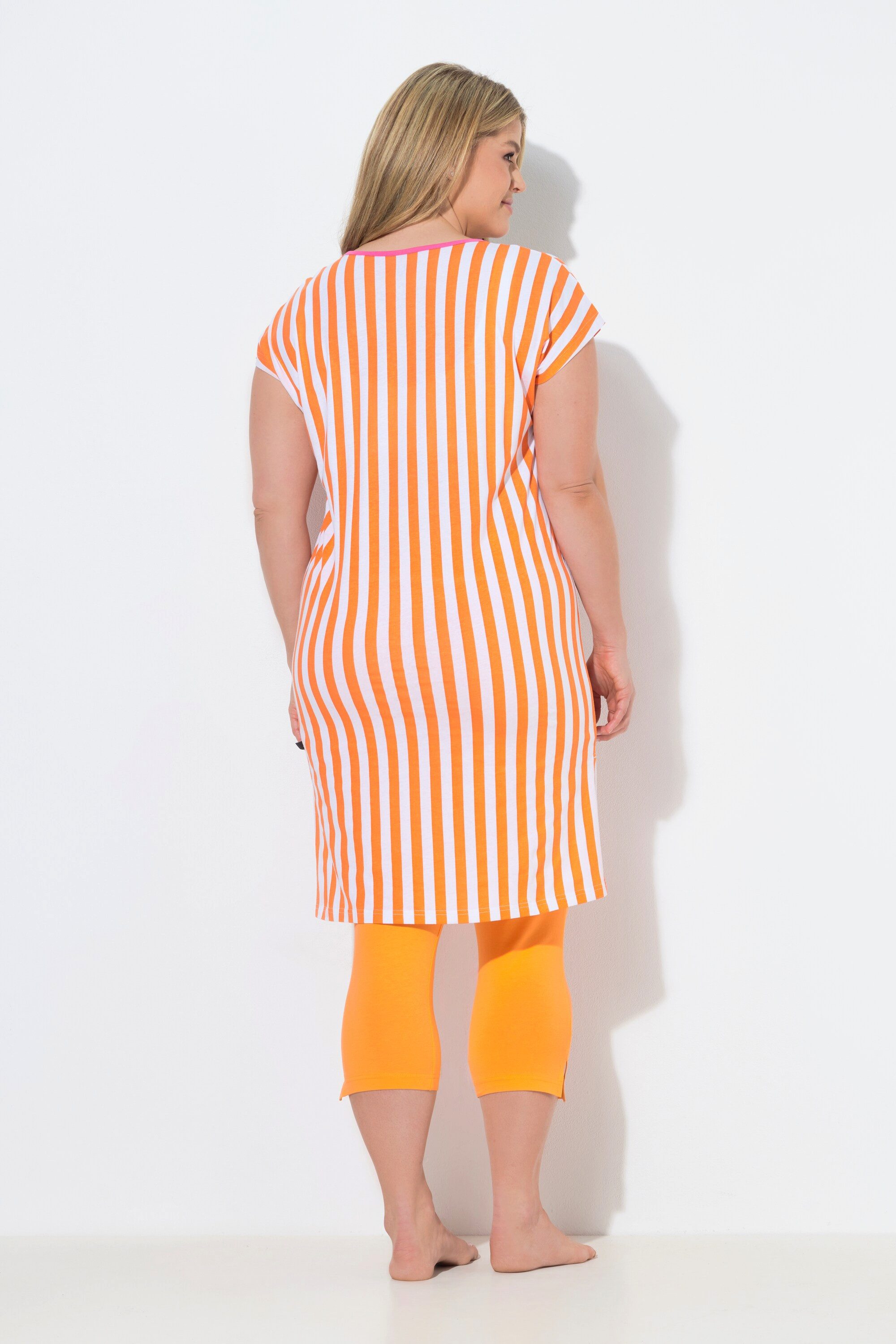 Ulla Popken Longshirt Bigshirt Streifen Schriftzug Rundhals Cap-Ärmel