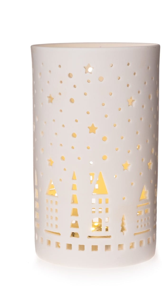 finehomegarden Windlicht Kerzenglas LED H13cm+H17cm Weihnachten Winter weiß porzellan Wald (1 St), Windlicht Herbst Dekoration 2Größen wählbar
