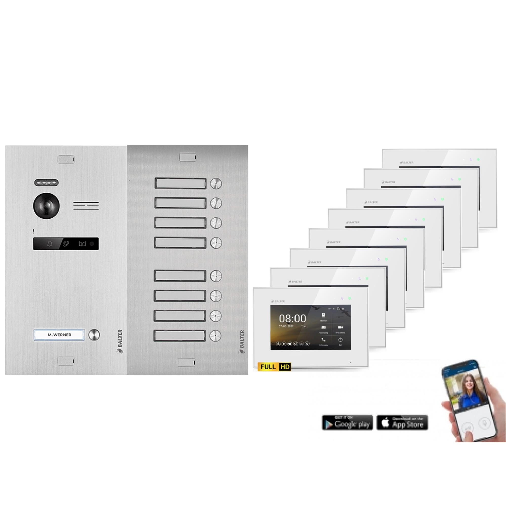 Balter Video-Türsprechanlage BALTER HD WLAN Türsprechanlage EVO 9-Familienhaus Silber Weiß (Set, 9-Familienhaus, Komplettset, Full HD 175° Kamera, App-Steuerung)