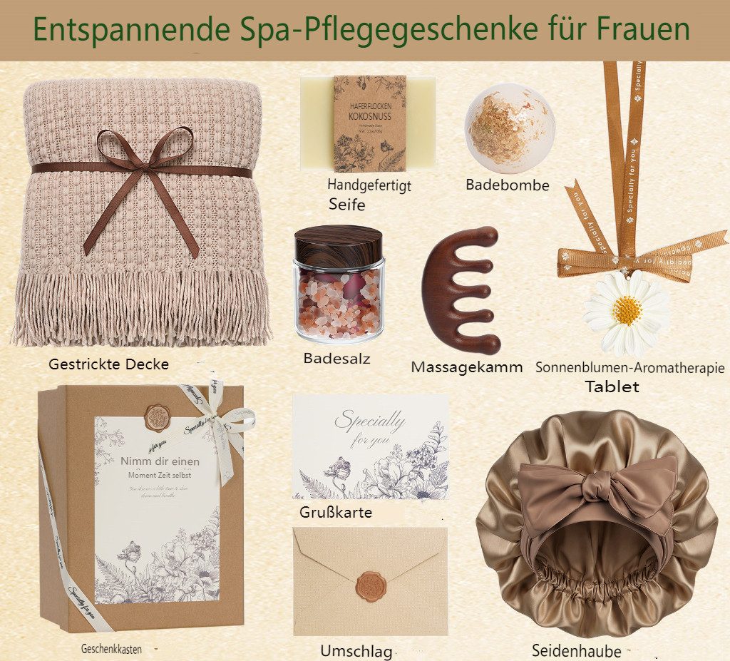 Insma Pflege-Geschenkset 9tlg Spa Geschenkset Luxus Beauty-Geschenkbox für Frauen, mit Strickdecke 130×170cm, Massagekamm, Schlafhaube, Seife, Badebombe, ideal zum Geburtstag, Valentinstag & Muttertag
