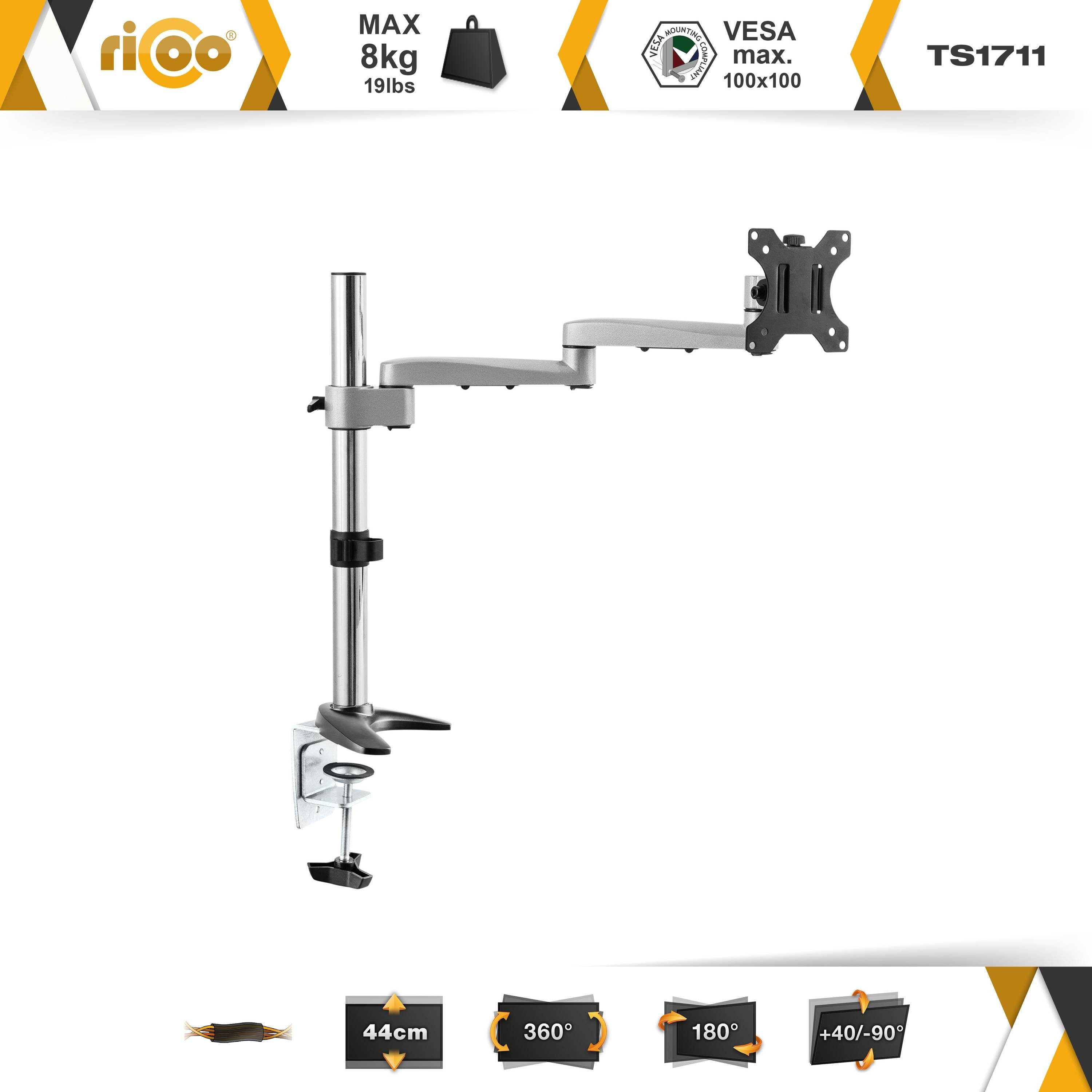 RICOO Monitor-Halterung Ausziehbare Monitor Tischhalterung neigbar schwenkbar TS1711, (bis 30 Zoll, VESA 75x75 und 100x100, 1-tlg., 8 kg Belastbarkei, 33-76 cm (13"-30) Bildschirm-Diagonale, Neigbar +40°/-90°, drehbar bis 360°, schwenkbar bis 180)
