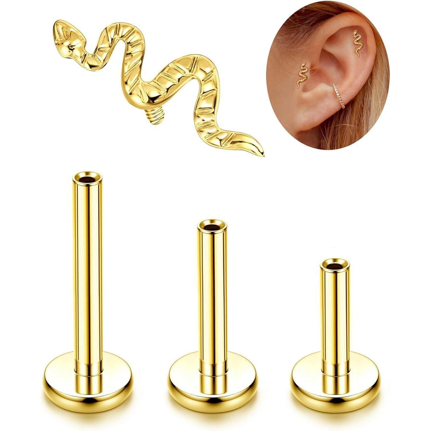 Piercing-Set Ohrstecker Titan G23 Innengewinde Helix Tragus Labret Gold-Schlange