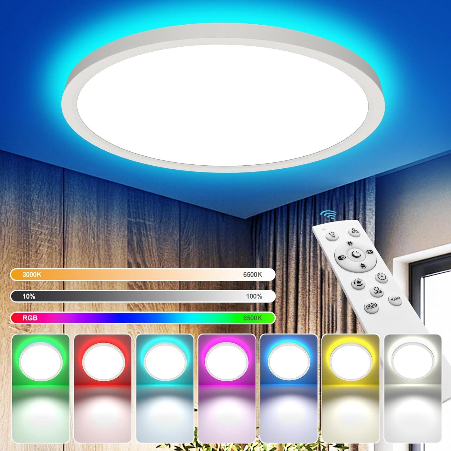 Futicare LED Deckenleuchte mit RGB Ambientelicht, 24W, 2700 lm, dimmbar, Fernbedienung, 3000–6500 K, IP44 – für Wohnzimmer, Schlafzimmer & Bad
