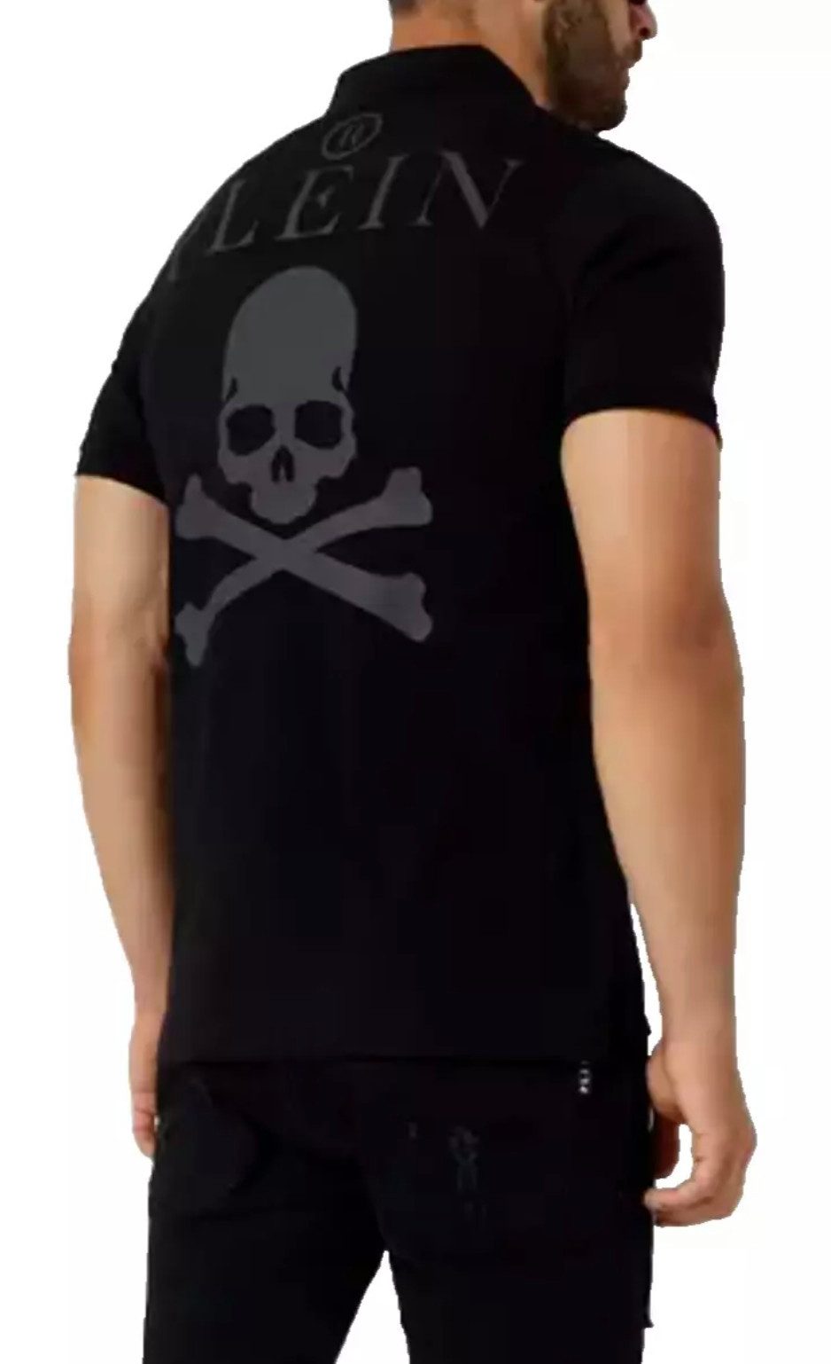 PHILIPP PLEIN Poloshirt Polohemd mit PP Hexagon Patch und Skull&Bones Logo Slim fit Gerippter Kragen und Bündchen, Asymmetrischer Saum