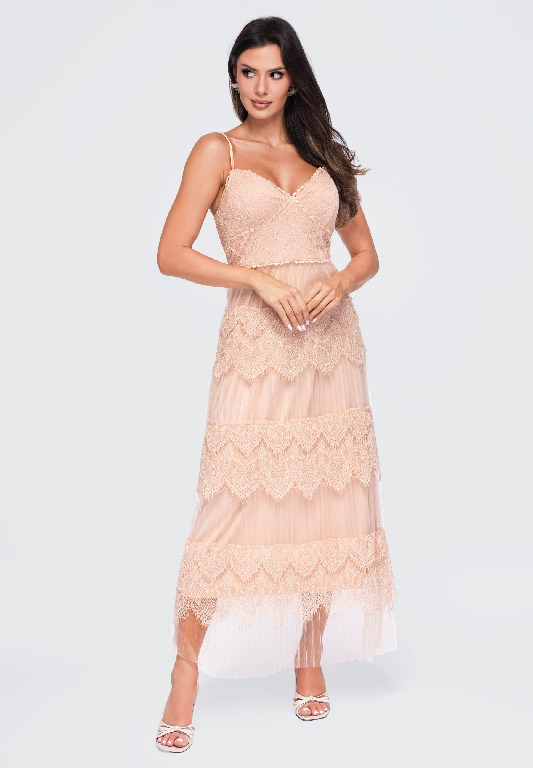 OMBRE Abendkleid Damen Abendkleid mit transparenter Spitze elegant Beige S (kein Set, 1-tlg)