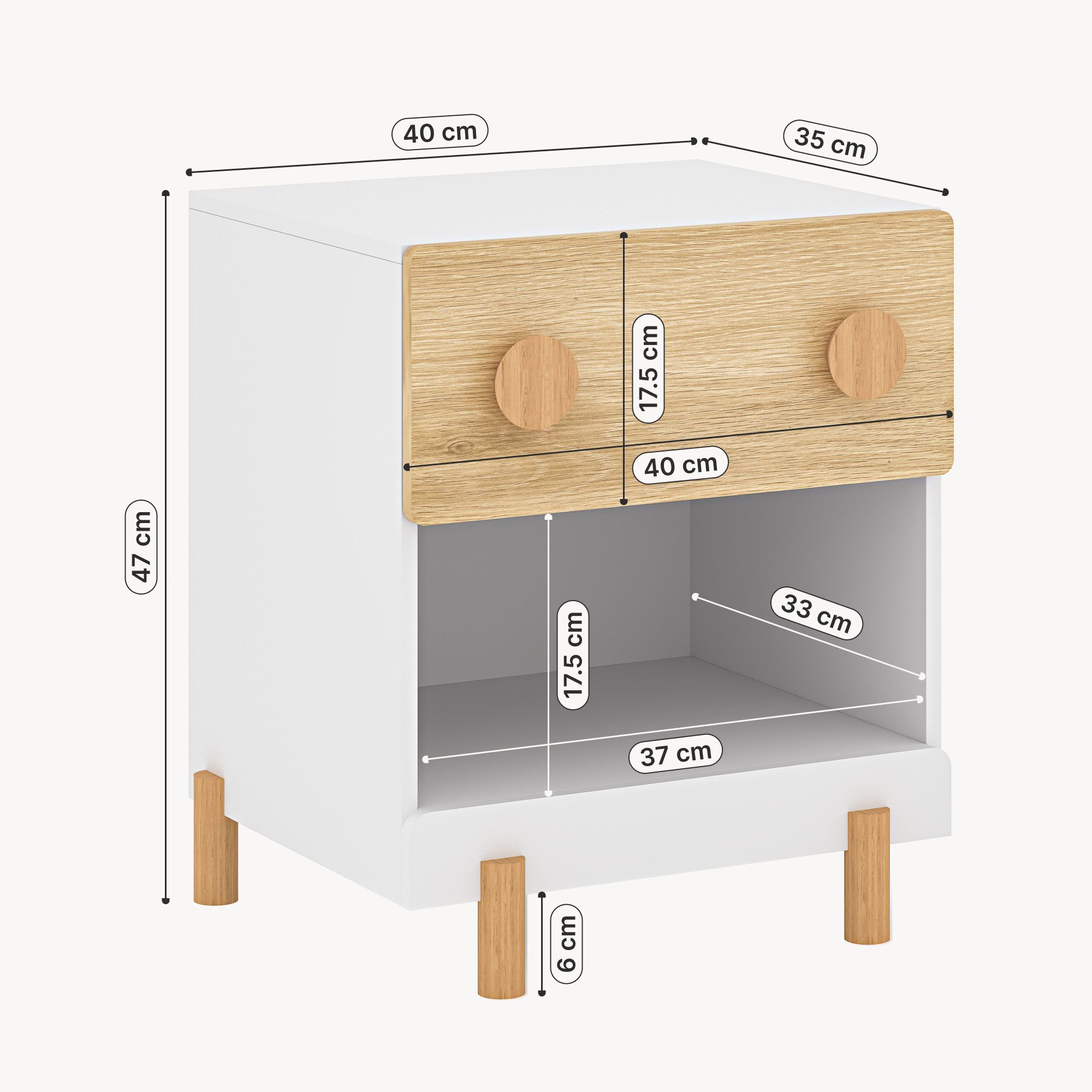 en.casa Nachttisch, »Vaarentaa« 1 Schublade 1 Ablagefach 47x40x35 cm Weiß/Eicheoptik