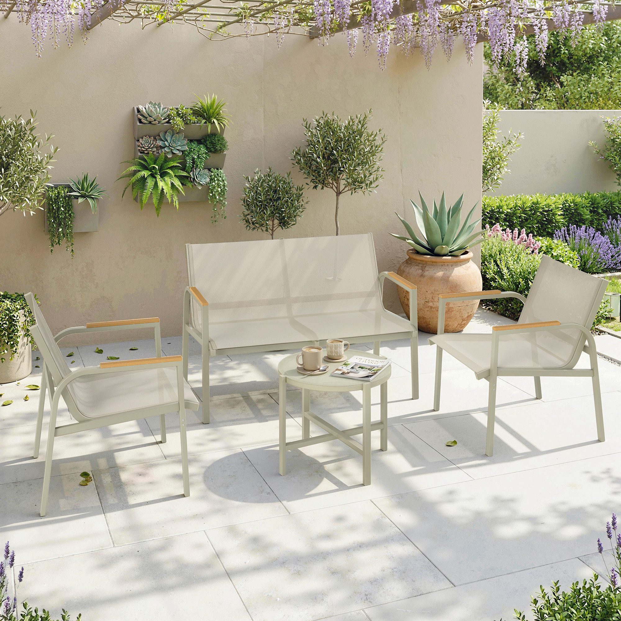 Outsunny Sitzgruppe Gartenlounge mit 2er-Sofa 2 Sesseln Beistelltisch Terrassenmöbel, (Outdoor Balkonmöbel-Set, 4-tlg., Gartenmöbel Set), für Garten Balkon Grün