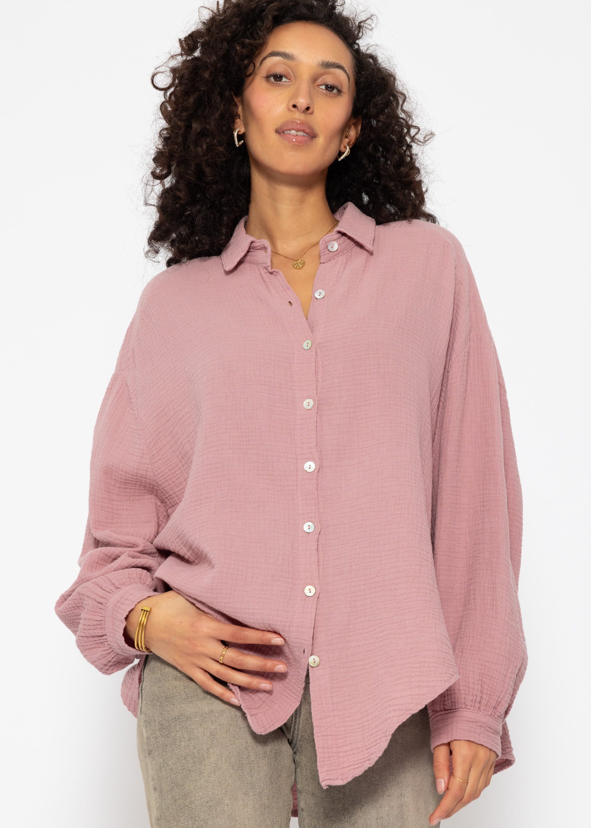 SASSYCLASSY Longbluse Oversize Musselin Bluse Damen kurz Langarm Elegant He günstig online kaufen
