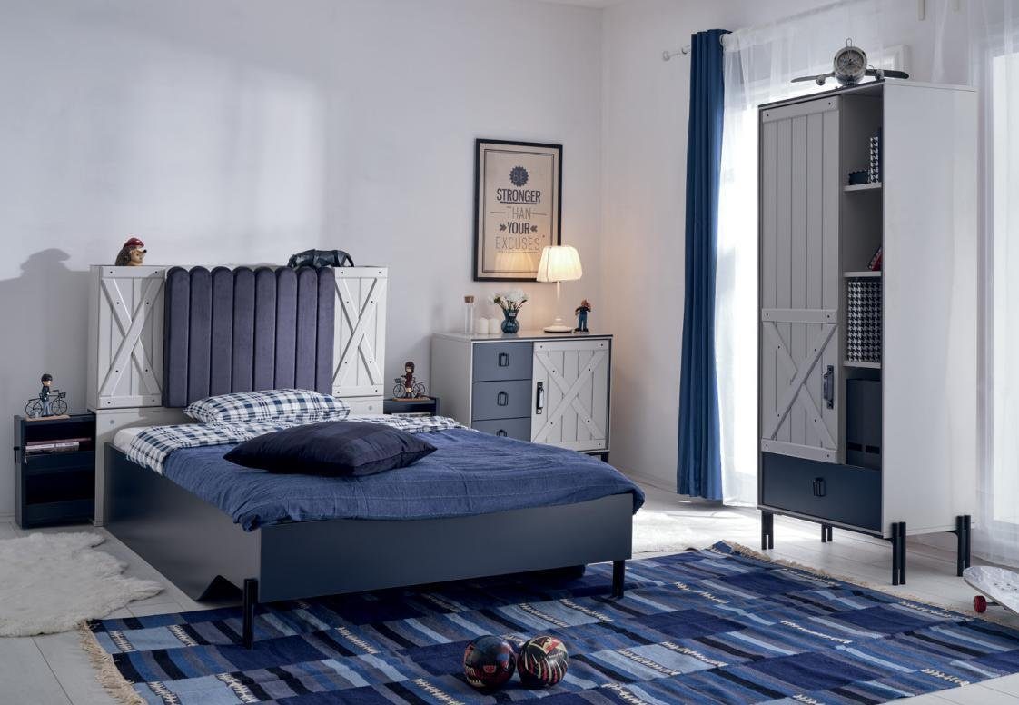 JVmoebel Schlafzimmer-Set Modern Blau in Bett, Bücherregal, Europa Bücherregal), Set Kommode Made (3-St., Luxus Bett Schlafzimmer Kommode