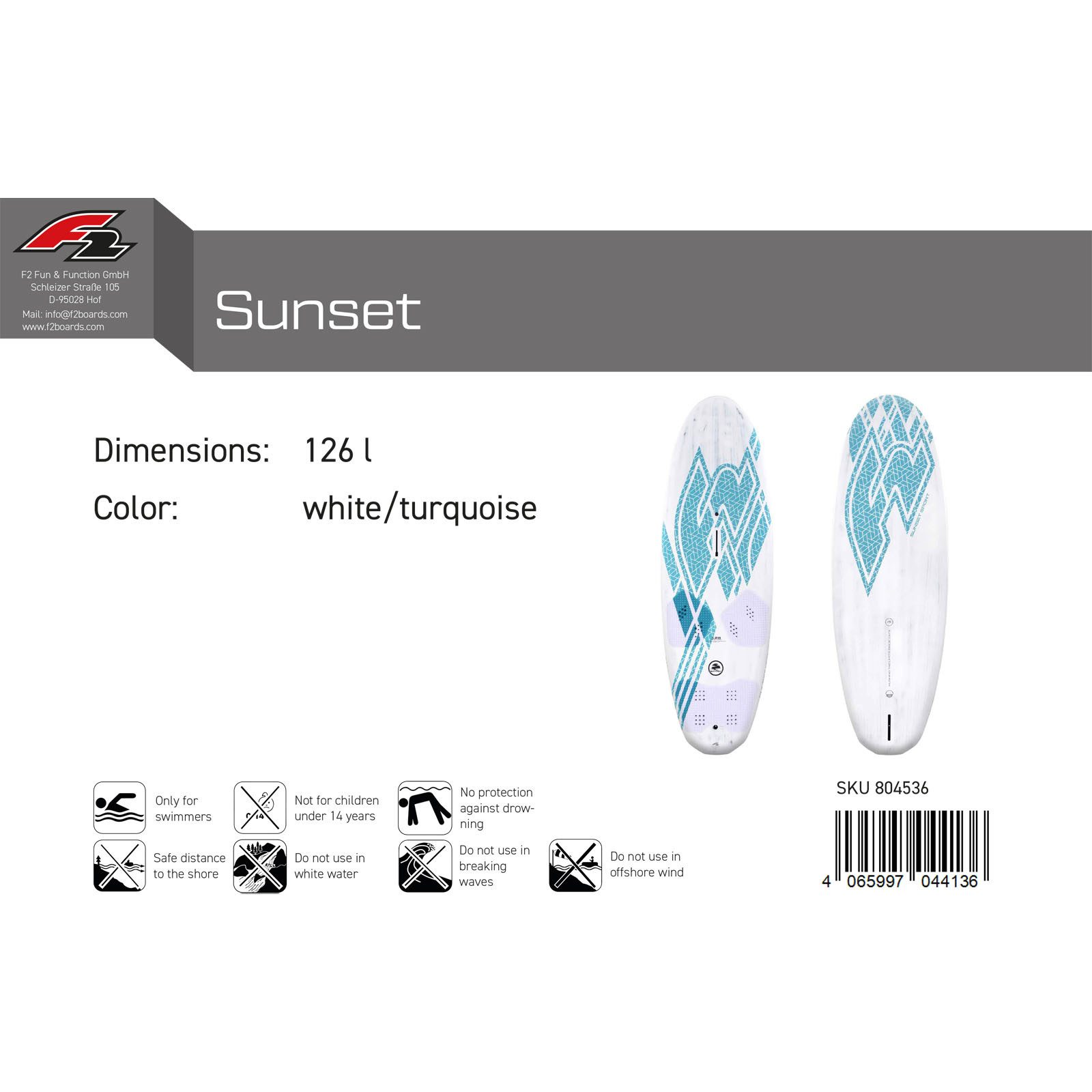 F2 Windsurfboard F2 Windsurfboard Sunset Sport 126 l Weiss/Blau 2024/25, Surfbrett