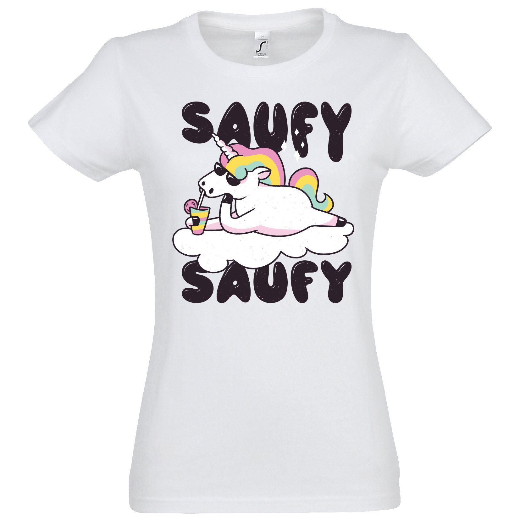 Youth Designz Print-Shirt SAUFY SAUFY Einhorn Damen T-Shirt mit Fun-Look Unicorn Aufdruck und lustigem Spruch Weiß