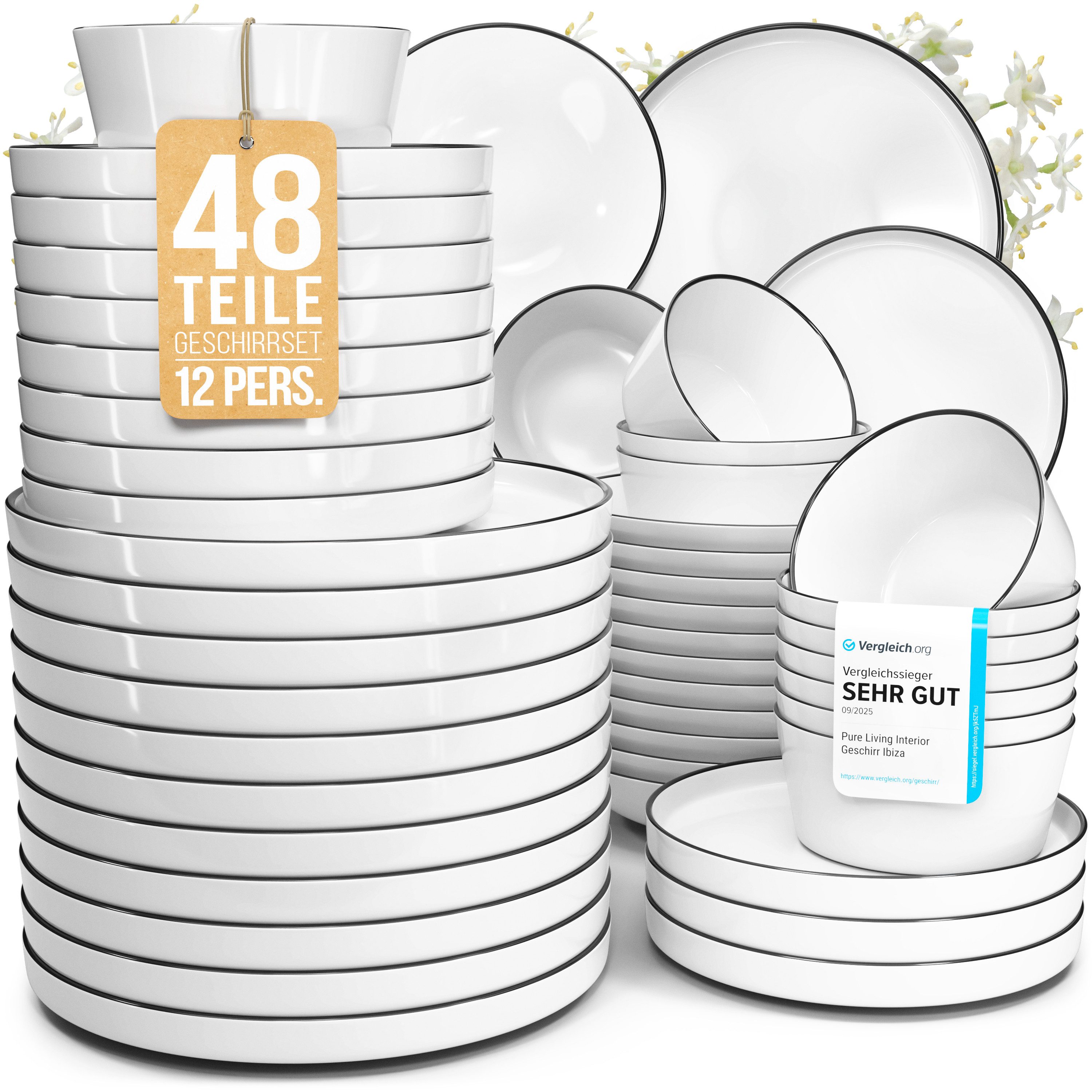 PURE LIVING INTERIOR DESIGN Geschirr-Set Scandi aus Porzellan, 48-tlg., für 12 Personen, Weiß - Schwarzer Rand (48-tlg), 12 Personen, Porzellan