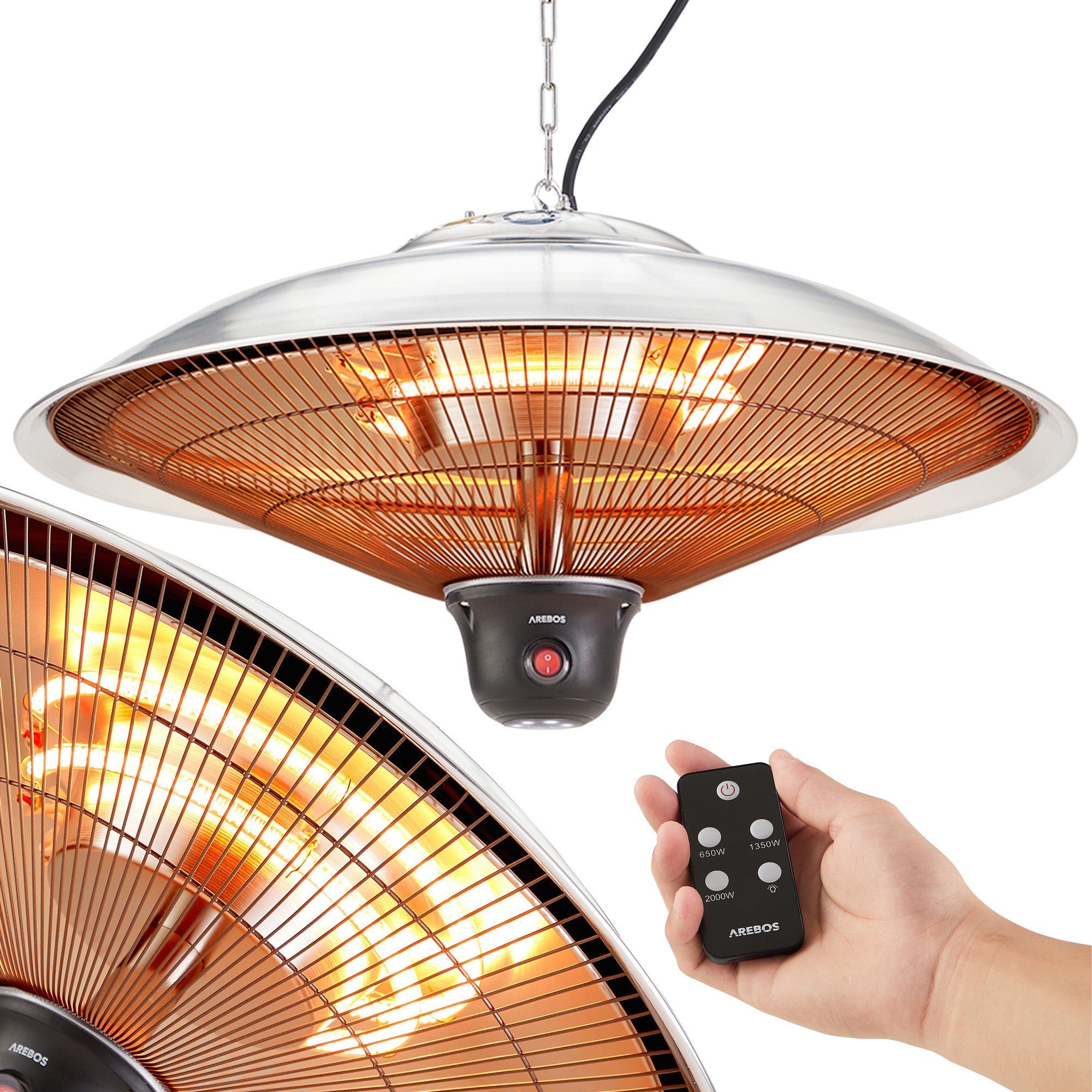 Arebos Infrarotstrahler Deckenheizstrahler, 2.000 W, inkl. LED-Lampe + Fernbedienung silber | Infrarotstrahler