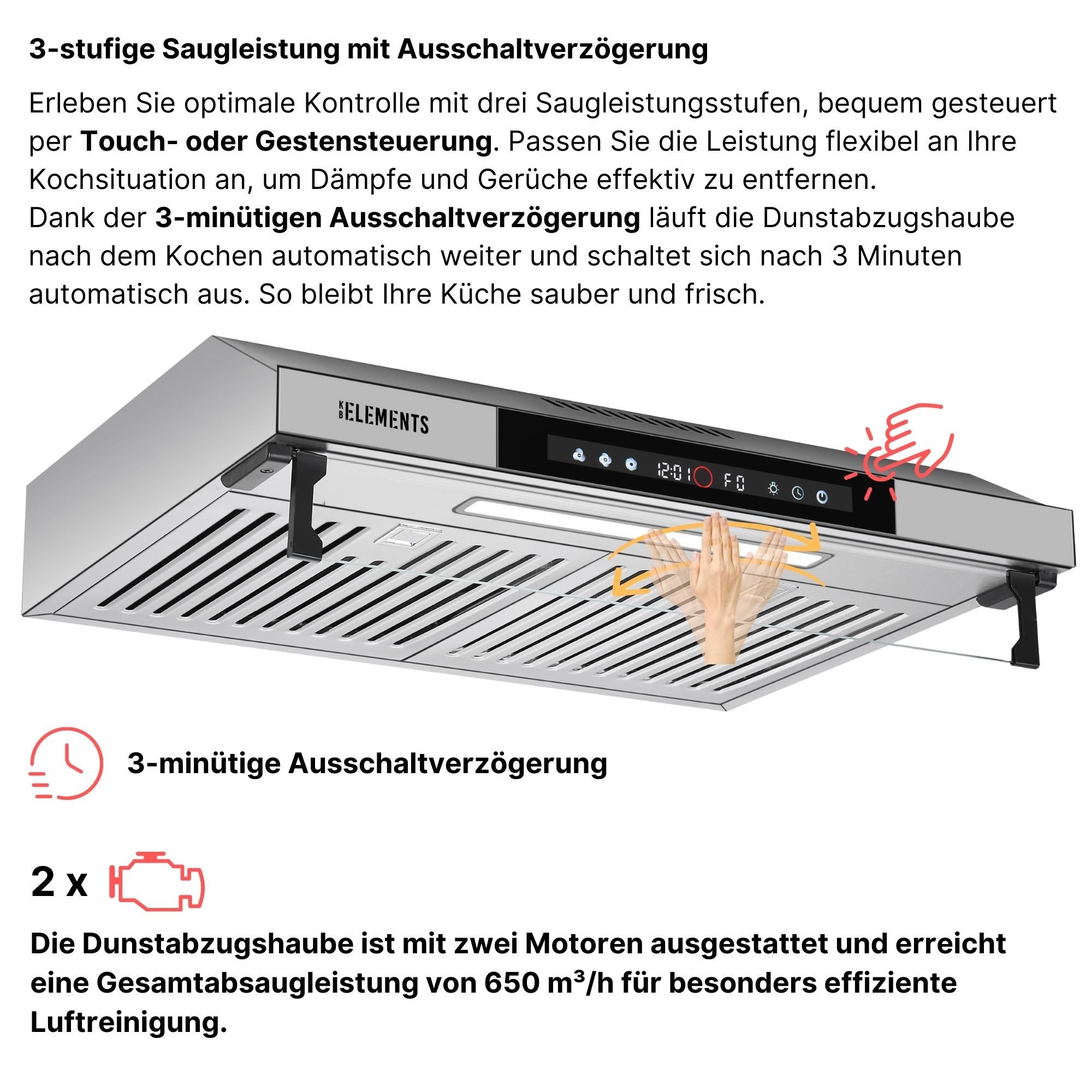 KB Elements Unterbauhaube Doppelter motor 2 x 80 Watt, 650 m³/h Absaugleistung Doppelter motor 2 x 80 Watt, 650 m³/h Absaugleistung, Doppelter motor, Touch / Gestensteuerung