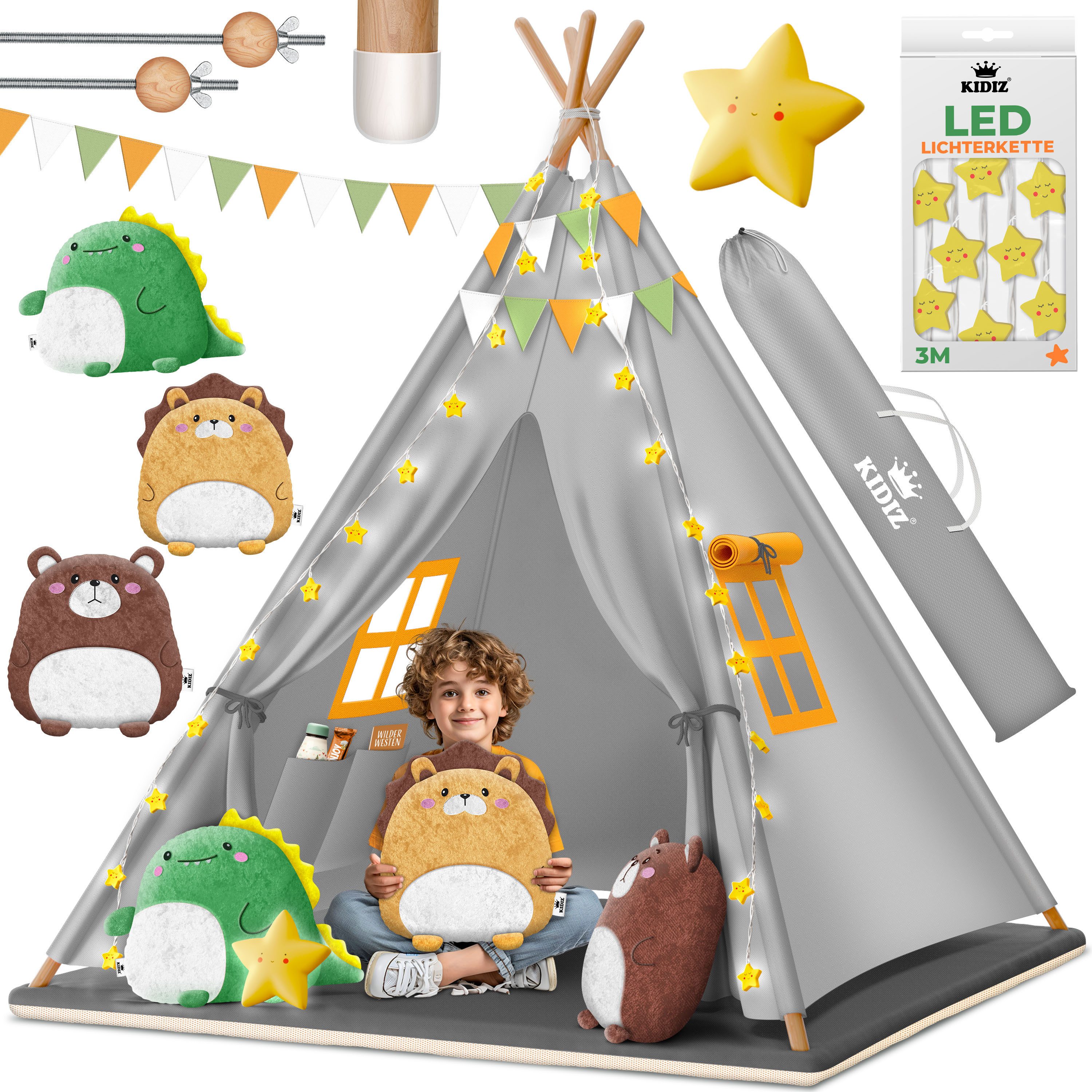 KIDIZ Spielzelt Tipi Zelt für Kinder aus Baumwolle 100x100x160cm Kinderzelt (LED-Lichterkette, Leuchtstern, Girlande, 3 Plüschtiere, Matte & Tasche) Spielhaus für drinnen & draußen Tipizelt