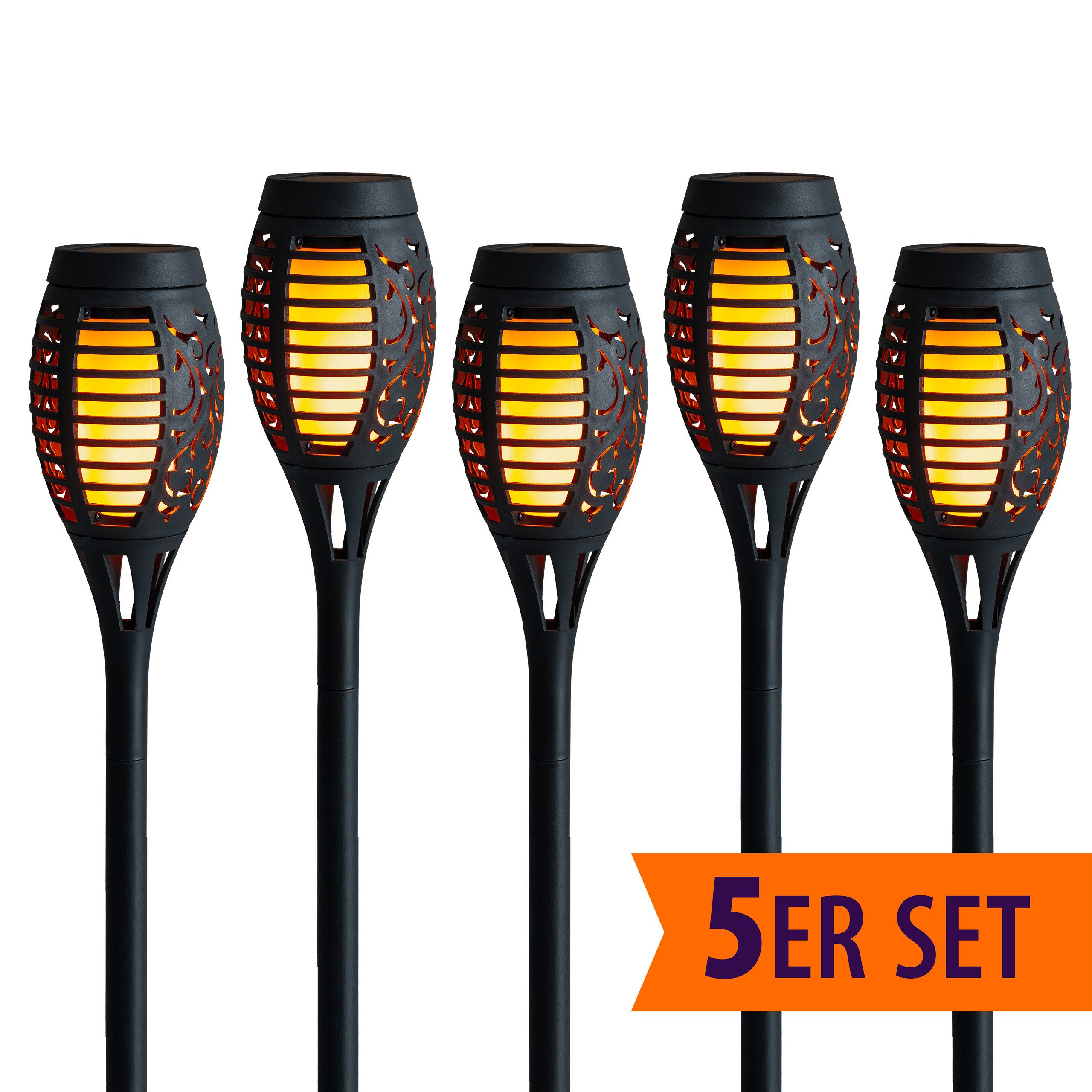 IC Gardenworld LED Gartenfackel 5er Set Solar Gartenfackel mit Flammeneffekt, 4 in 1 Verwendung, LED fest integriert, warm-weiß