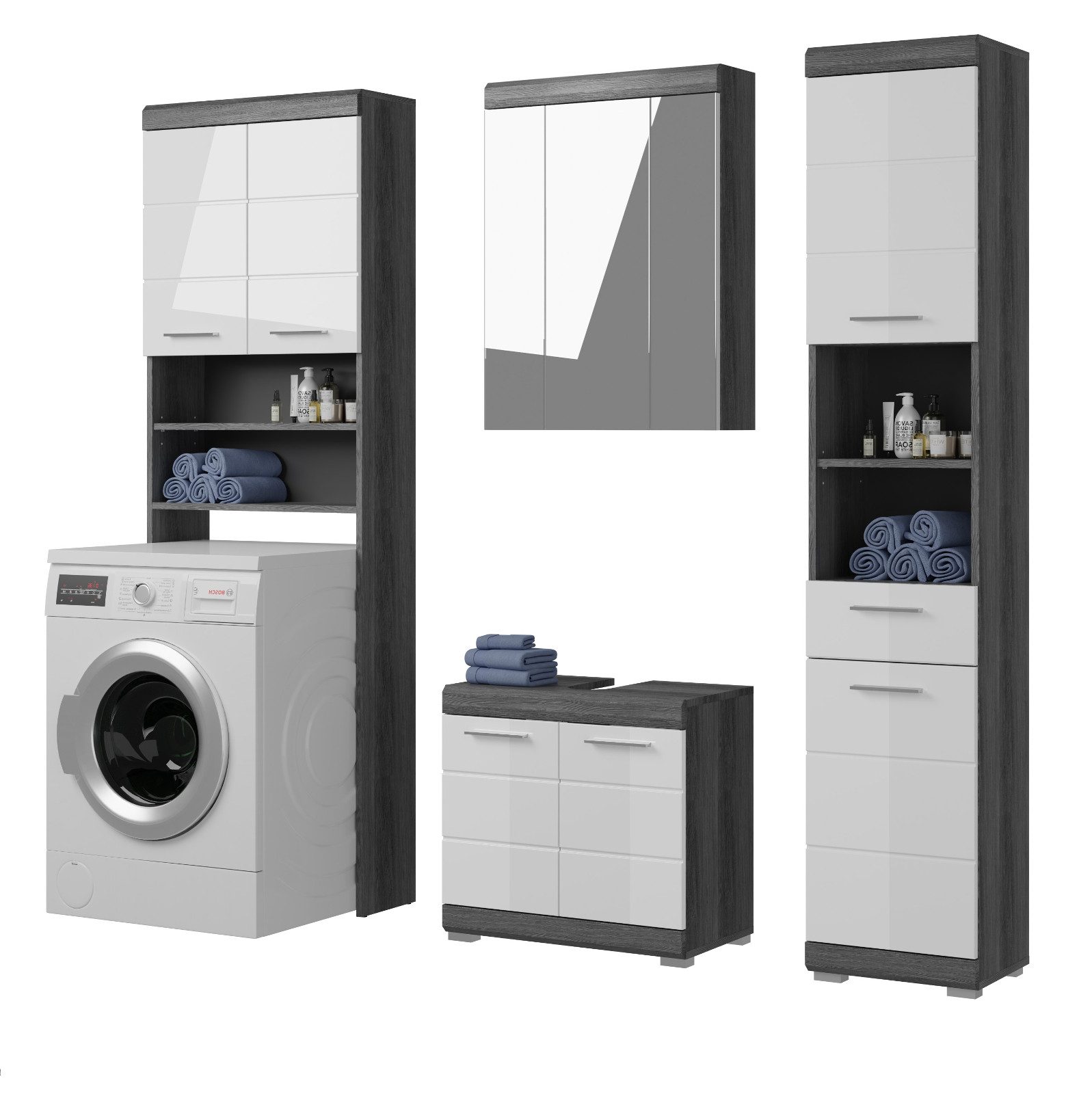 Inn.Furn Badmöbel-Set Shawn, (Kombination in weiß Hochglanz und grau, 4-St., Breite 160 cm), inkl. Waschmaschinenschrank
