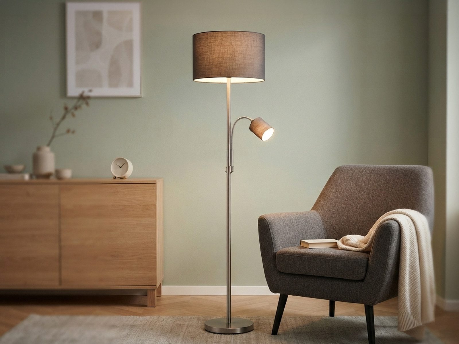 TRIO Leuchten LED Stehlampe mit Leselampe & Stoffschirm Höhe 170cm, dimmbar, LED wechselbar, Warmweiß, Designklassiker Steh-Leuchte groß für Lese-Ecke stehend