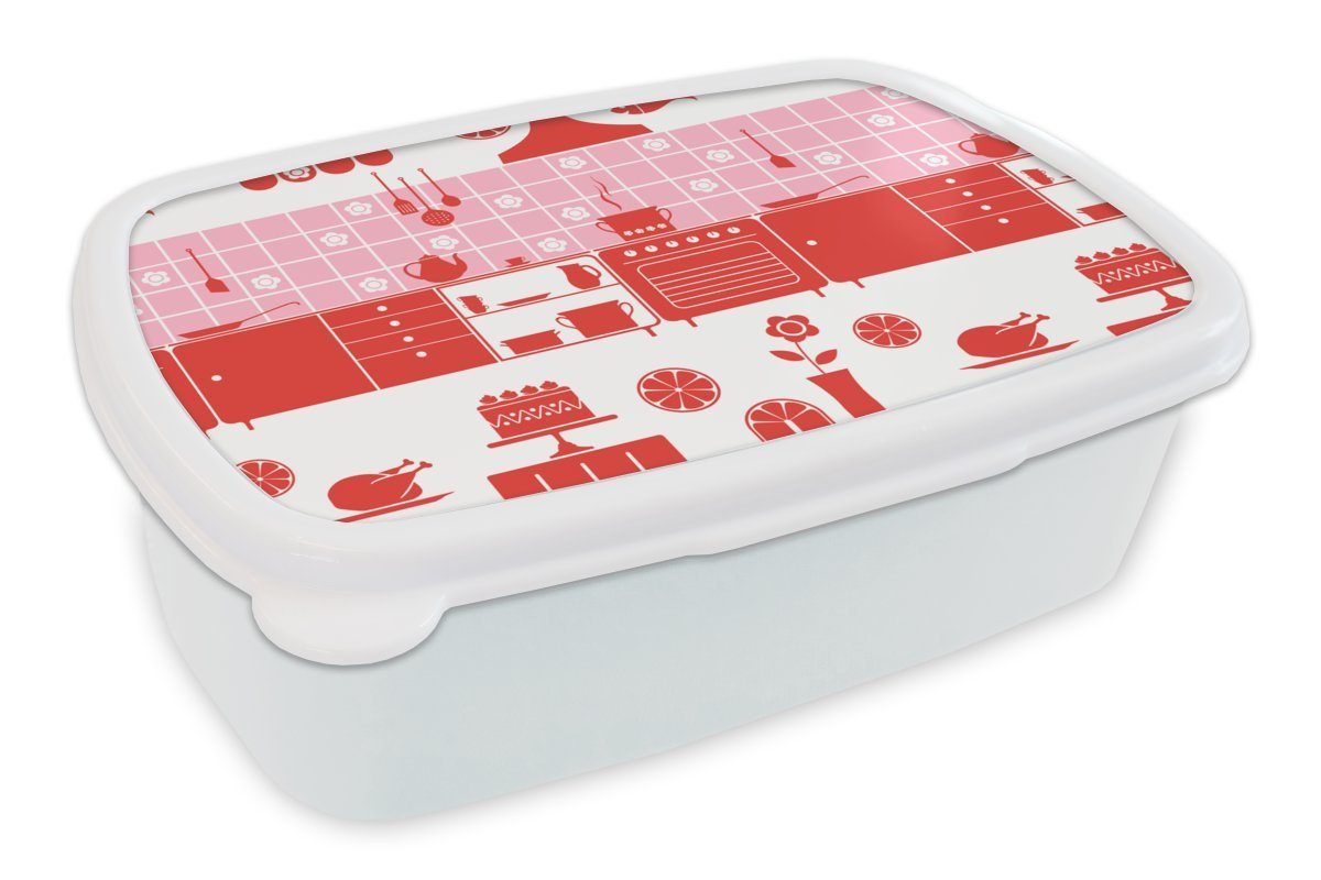 MuchoWow Lunchbox Muster - Pfannen - Design - Haus - Rosa, Kunststoff, (2-tlg), Brotbox für Kinder und Erwachsene, Brotdose, für Jungs und Mädchen weiß
