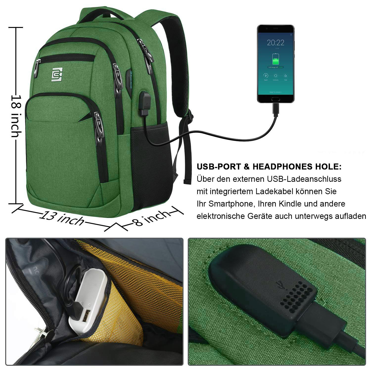 REDOM Reisen Uni Teenager Grün mit Anti-Diebstahl, Rucksack Laptop Rucksack, Damen (Laptop Notebook Rucksäcke Laptoptasche Wasserbeständig Jungen USB-Anschluss, Laptopfach), Tasche Schulrucksack Herren Business Freizeit Schule Arbeit Backpack Laptoprucksack mit Sportrucksack,