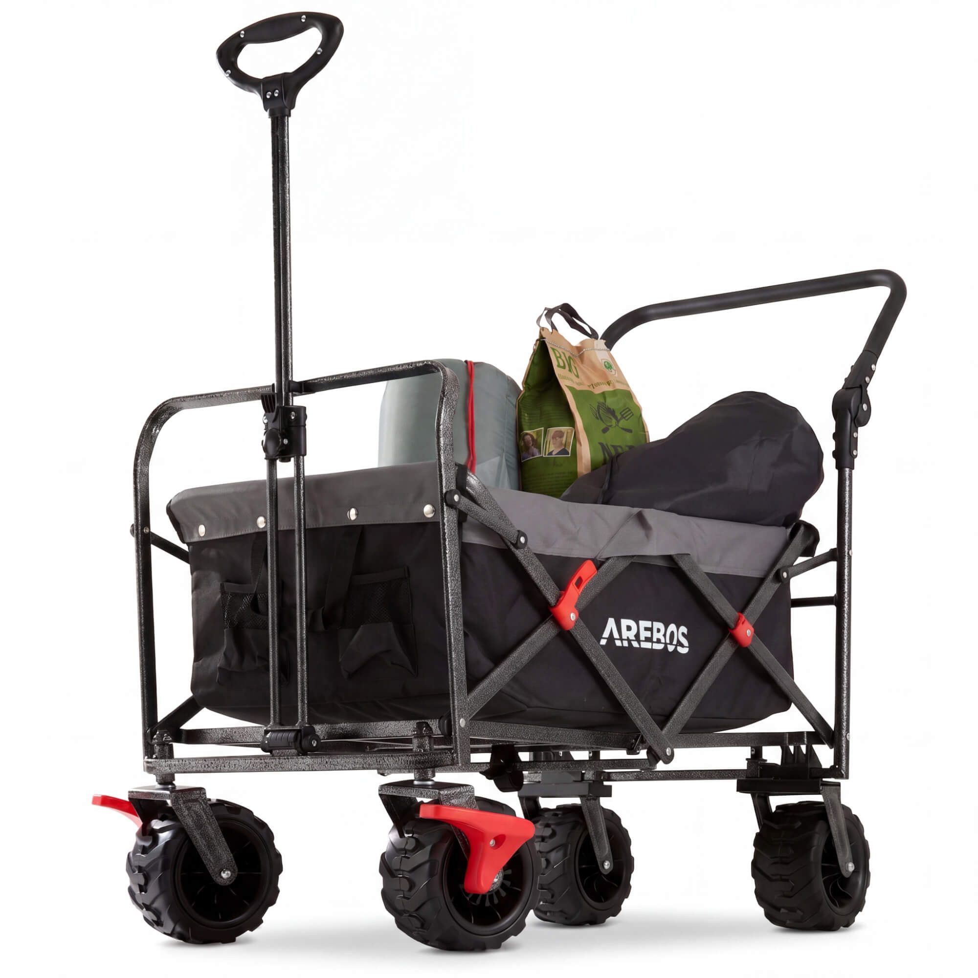 Arebos Bollerwagen Faltbarer Handwagen mit Dach – Transportkarre für Garten & Freizeit, PU-Räder und verstellbaren Griff