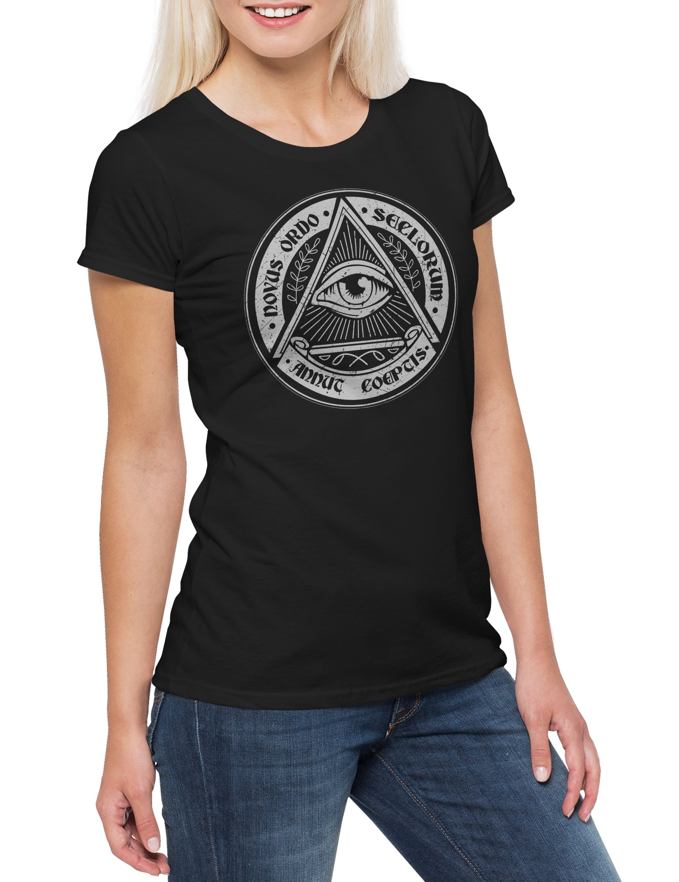Print-Shirt Illuminati Eye Damen T-Shirt Illuminaten Freimaurer Society Auge Loge