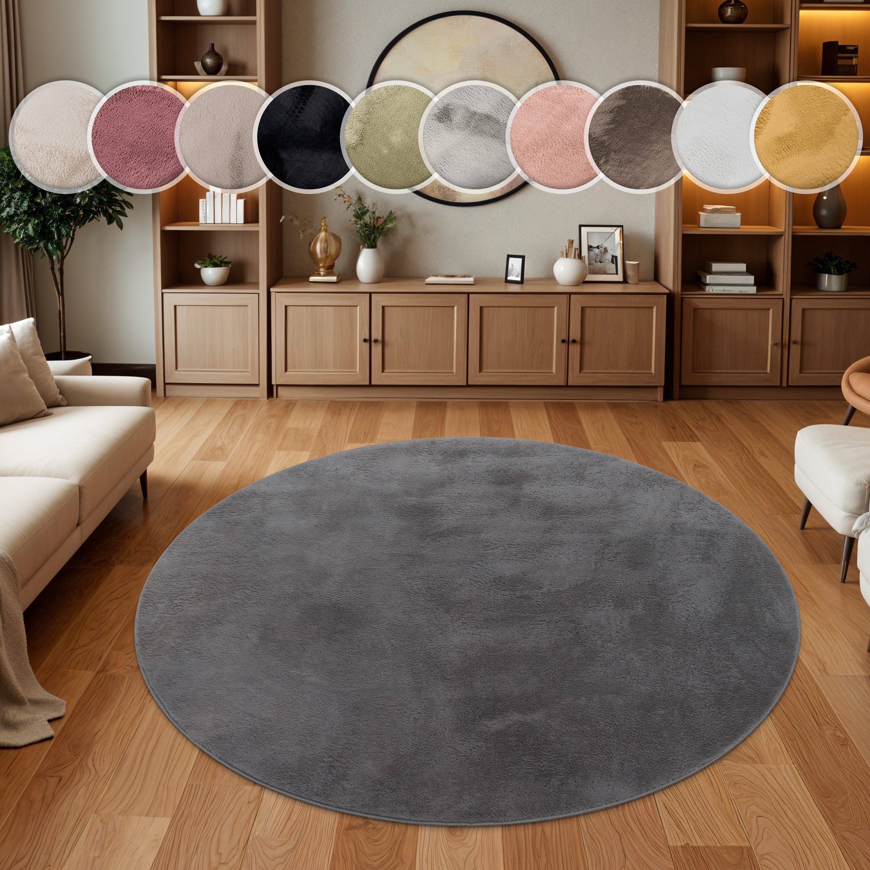 Paco Home Fellteppich Kunstfell Soft 380, rund, Höhe: 14 mm, Langflor, Kuschelteppich - besonders weich, Uni-Farben