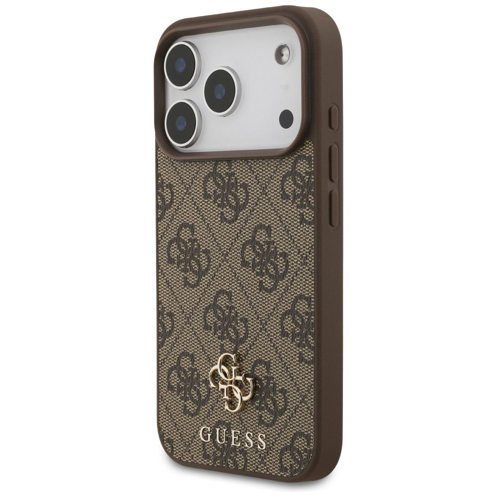 Guess Handyhülle Case iPhone 17 Pro MagSafe Kunstleder braun Logo goldfarben 6,3 Zoll, Kantenschutz