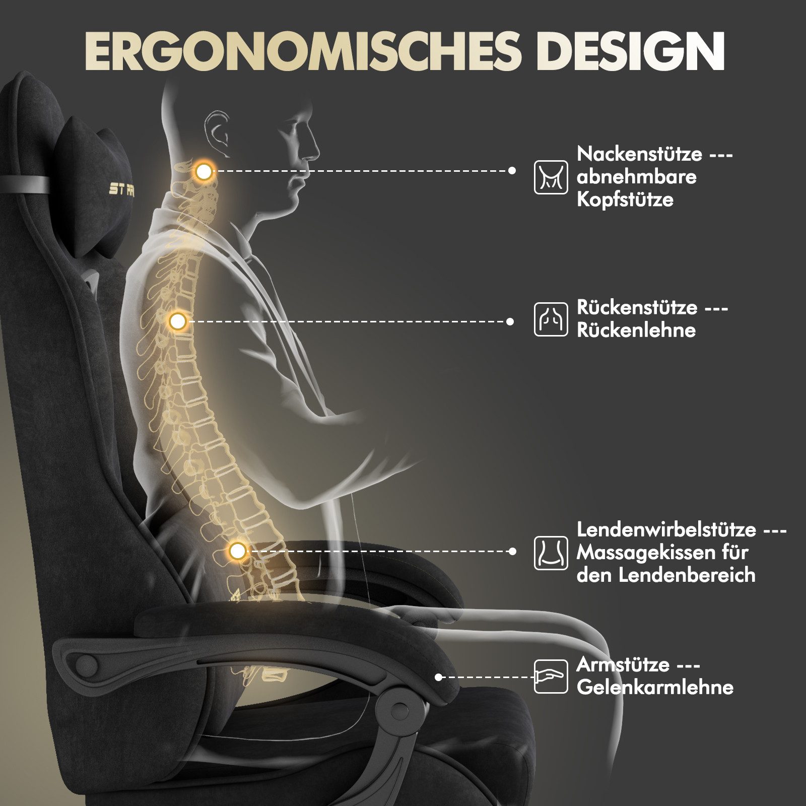 Ferghana Gaming-Stuhl Gaming-Stuhl: Kopfstütze, Lendenkissen, Armlehnen, Fußstütze (Packung), Ergonomischer PC-Stuhl,Rückenlehne 90°-125°