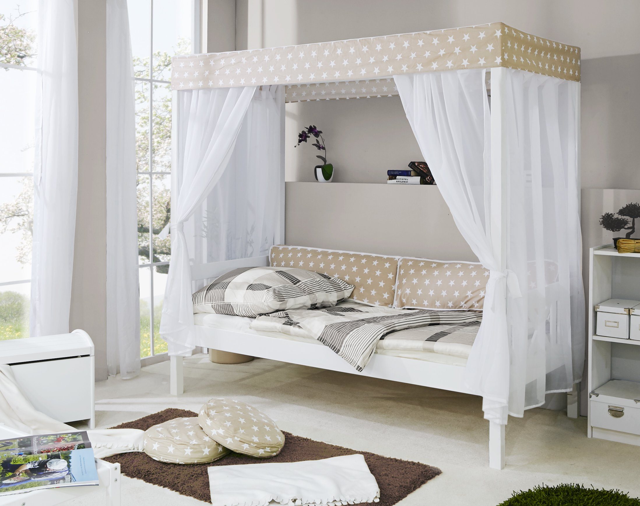 Ticaa Himmelbett Himmelbett "Beige" 310 Kiefer Weiß (Beige/Weiß, Oberer Teil abnehmbar und als Einzelbett stellbar