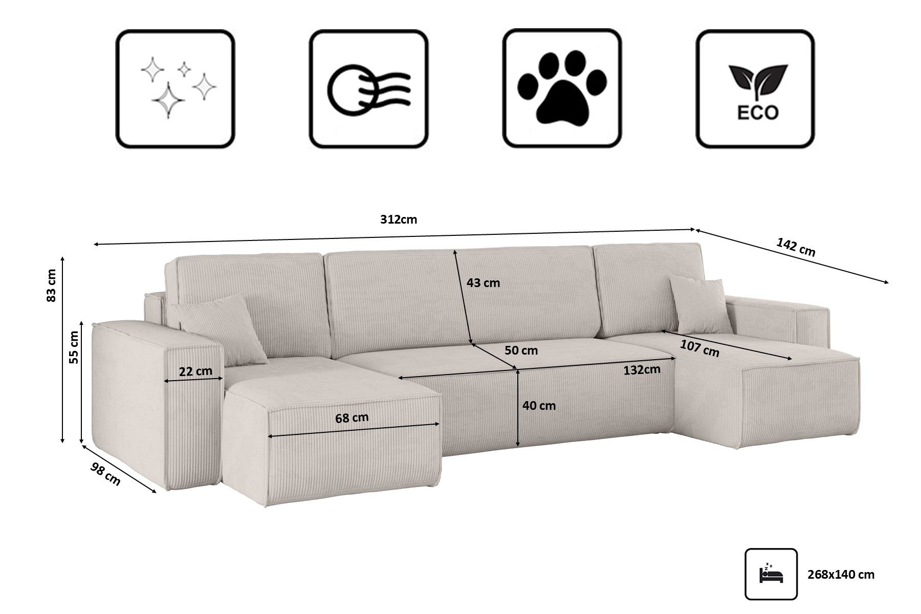 Kaiser Möbel Ecksofa mit schlaffunktion und bettkasten, Couch U-form BEST stoff Poso, Schlaffunktion, Bettzeugaufbewahrung, universal