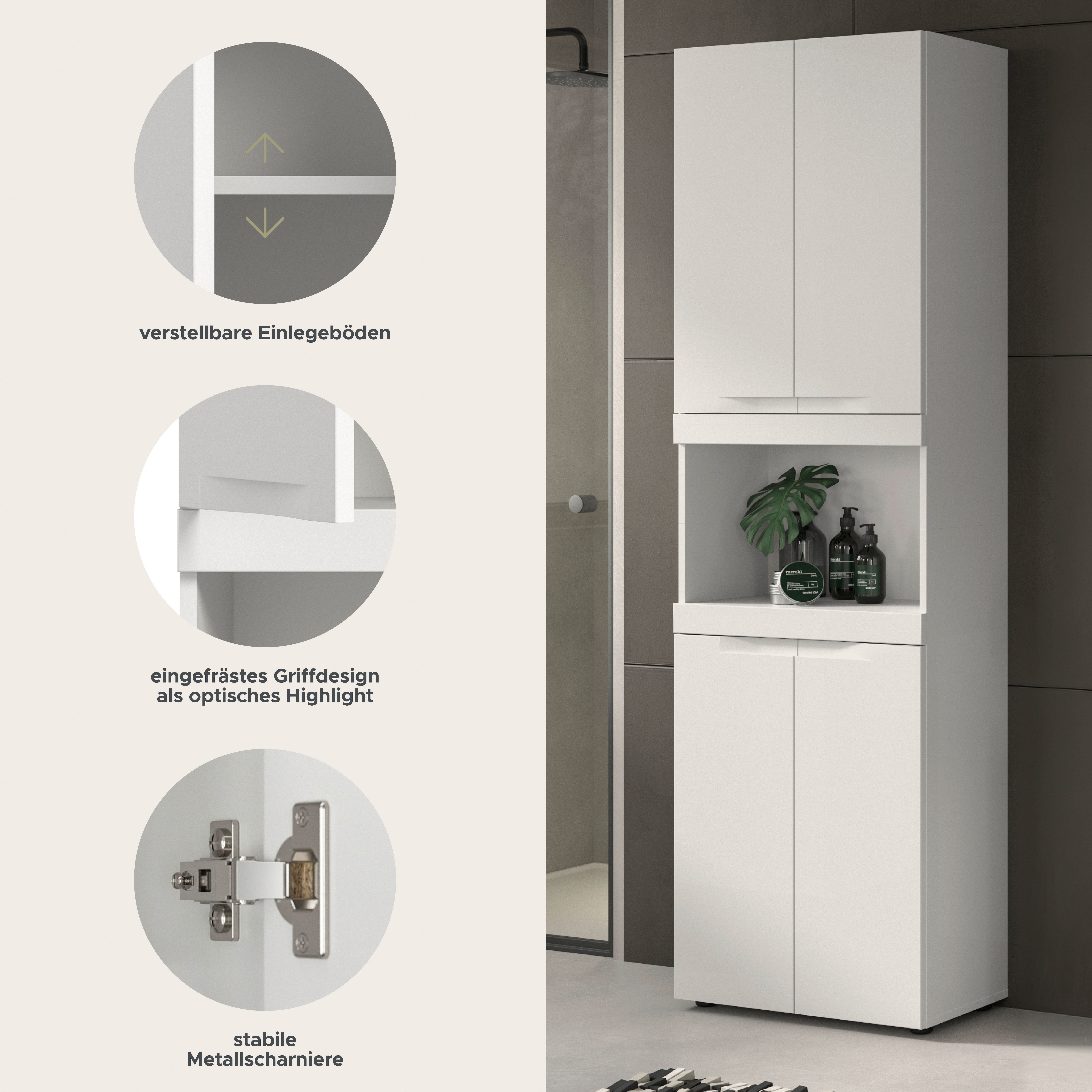 OTTO home Hochschrank MAOI, Höhe 194 cm, 4 Türen, 1 offenes Fach (insgesamt 7 Fächer, 4 Einlegeböden) Badezimmerschrank, Schrank, Badschrank, Midischrank, Bad, Badezimmer