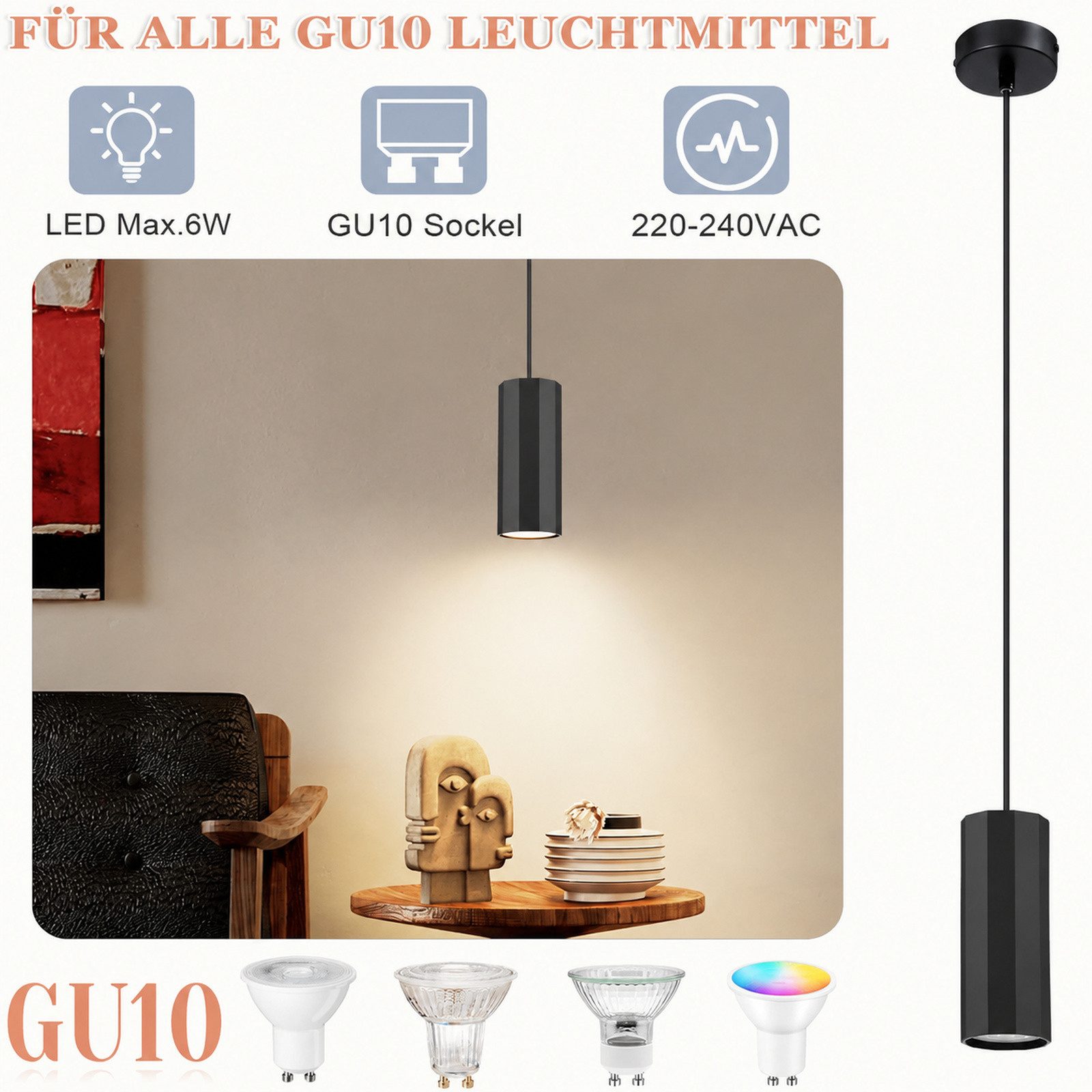 Nettlife Pendelleuchte Esstisch Modern Hängelampe 1/3/4flammig GU10 Pendellampe Schwarz, höhenverstellbar, ohne Leuchtmittel, für Esszimmer Wohnzimmer Küche Sch – Bild 3 von 5