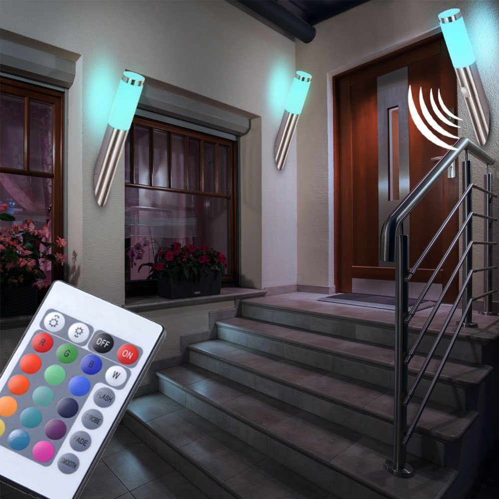 etc-shop Außen-Wandleuchte, 3er Set RGB LED Edelstahl Außen Wand Lampen Bewegungsmelder  Dimmer Fernbedienung Fassaden Leuchten online kaufen | OTTO