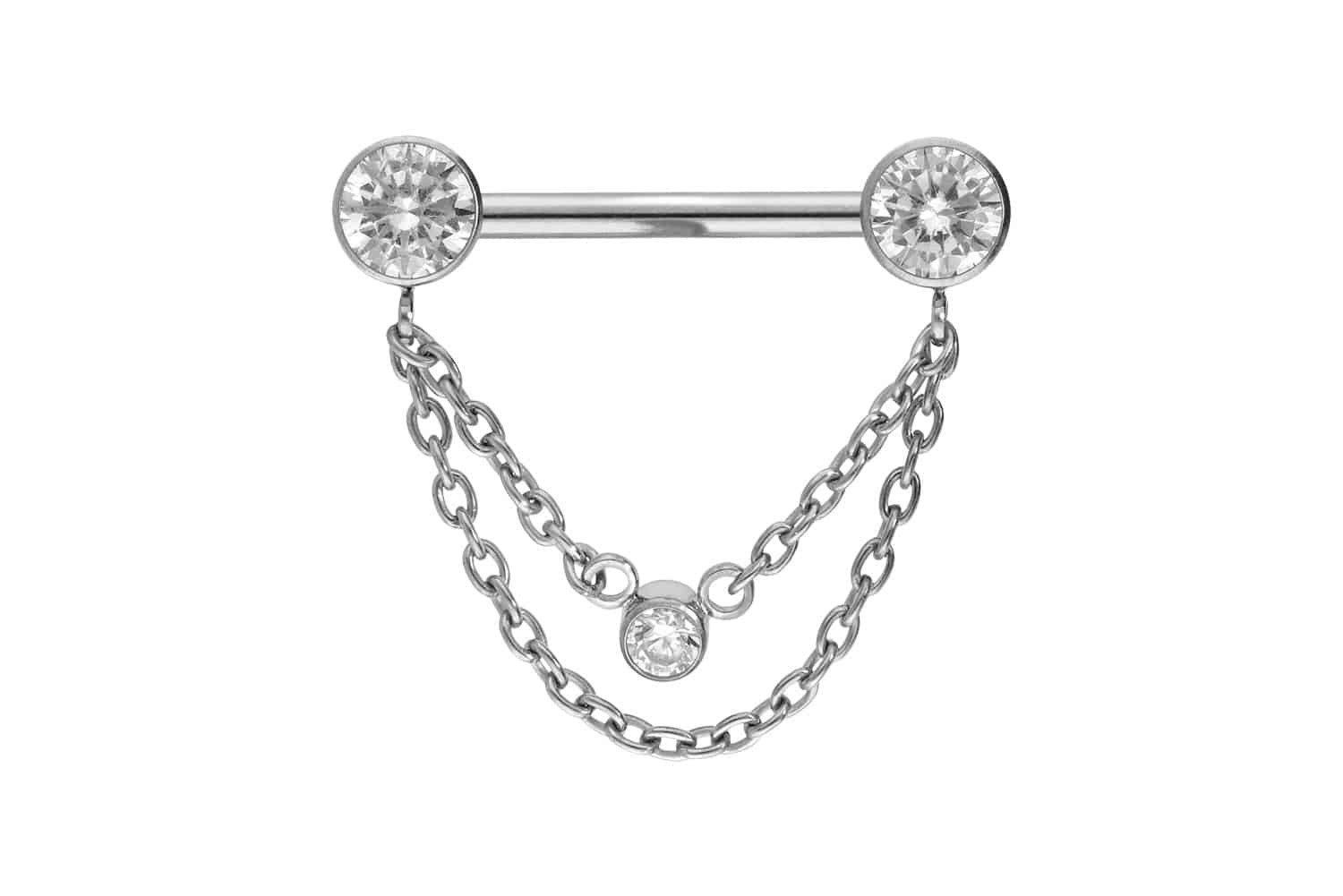 Brustwarzenpiercing Titan Barbell mit Push Fit 2 KETTEN + KRISTALLDISCS