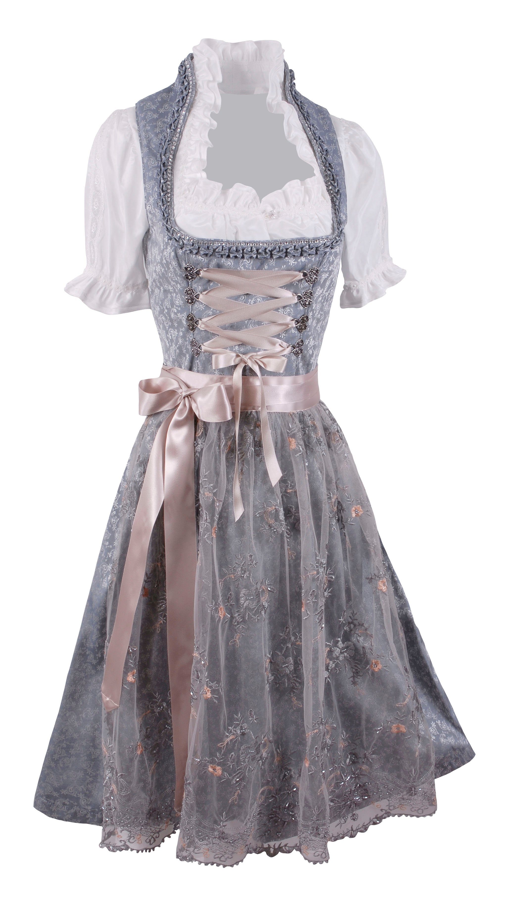 Moschen-Bayern Dirndl Midi Dirndl kurz Damen Trachtenkleid Oktoberfest Wiesn-Dirndl 70 cm Spitzenschürze elegant festlich Hochzeit Silber-Blau kurz, Trachtenkleid, Midi, Stickerei, Hochzeit, Spitze, festlich, Dirndl