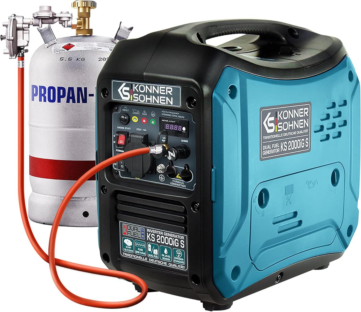 Könner & Söhnen Генераторы KS 2000iG S, 2,00 in kW, (LPG/Benzin-Inverter-Generator Schalldichtes Gehäuse, 1-tlg., (62 dB Lpa 7 m),Schuko 230V, LED-Anzeige,ECO-Modus), Kupferwicklung, Kurzschluss- und Überlastschutz, EURO V