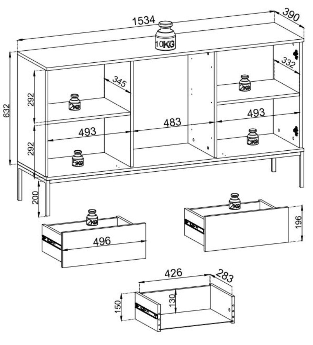 Compleo Schubkastenkommode LINO (mit 2-Drehtüren und 3-Schubladen), Kommode – Bild 5 von 5