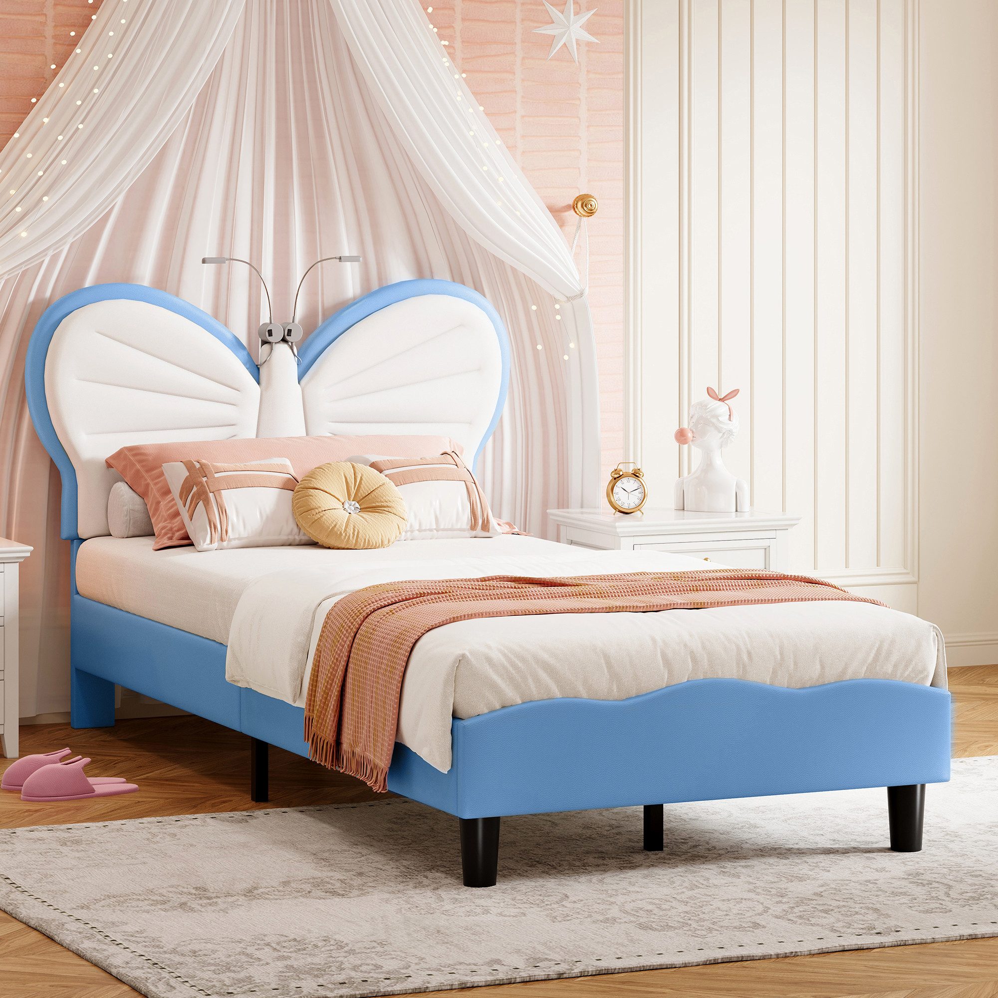 PXloue Polsterbett LED Beleuchtung Kinderbett Einzelbett Schleife am Kopfteil 90x200cm, Leselampe, Lattenrost, Samt, 90x200cm