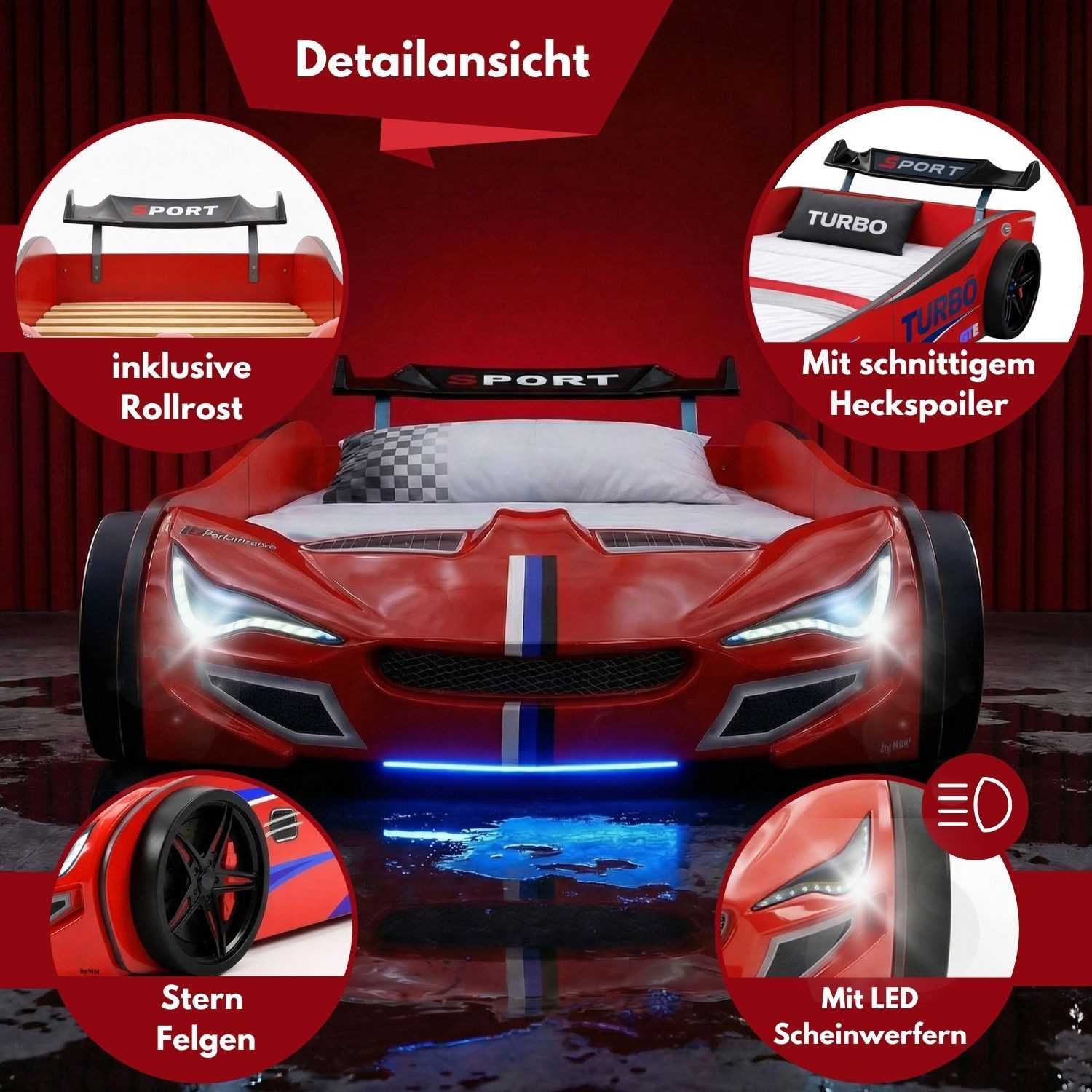 Coemo Autobett GTE (1-tlg., Komplett-Set Bett und Lattenrost), Rot Autobett Rennwagen GTE mit Lattenrost, Beleuchtung, Motorgeräusche