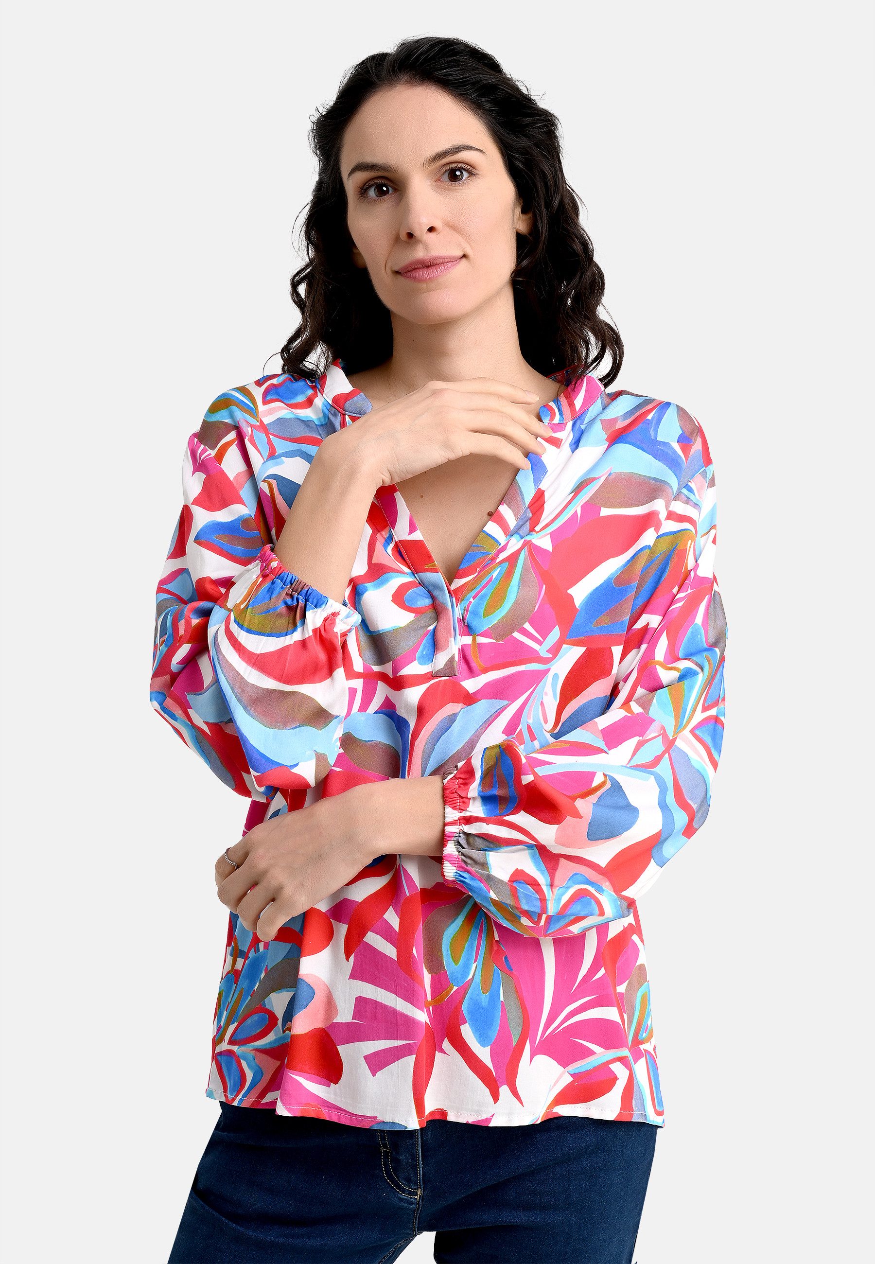 Blusentop Bluse mit Tropical-Print in Pink/Hellblau