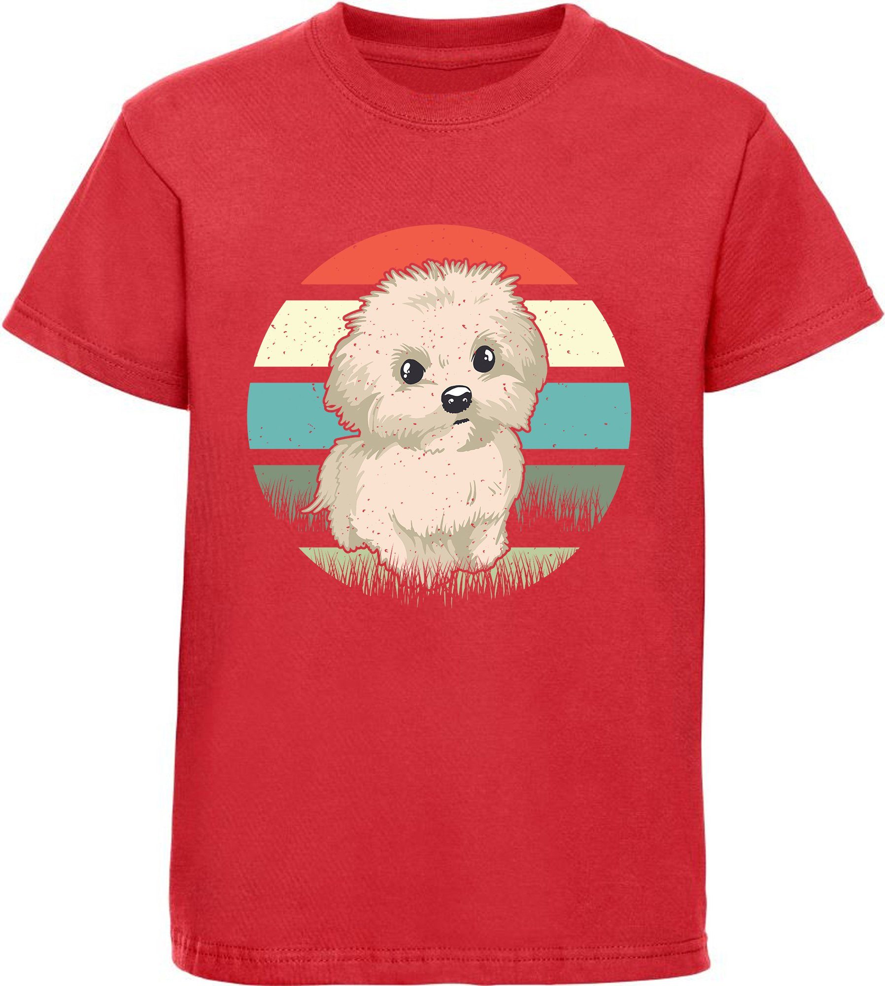 MyDesign24 Print-Shirt Kinder Hunde T-Shirt bedruckt - Retro Malteser Welpen Baumwollshirt mit Aufdruck, i242 rot | T-Shirts