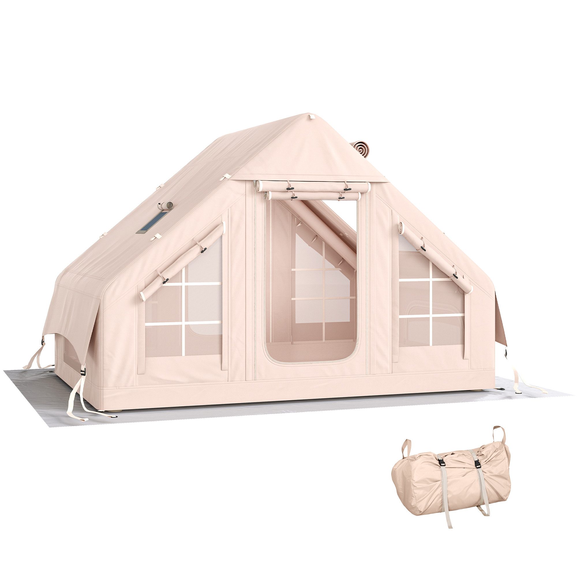 Outsunny aufblasbares Zelt mit Luftpumpe, Kaminöffnung, Dachfenster, kratzfest Bodenplane, Personen: 8 (Outdoor Luftzelt, 1 tlg., Air Glamping Zelte), aus Oxfordstoff